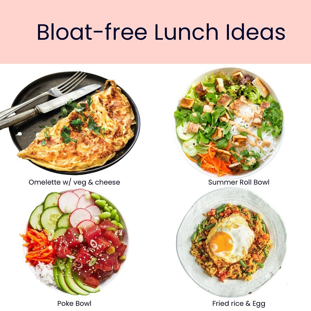 📖Here's your guide to choosing a bloat friendly &amp; low FODMAP lunch!⁠
⁠
✅My top picks for low FODMAP lunch ideas⁠

✨ Omelette with 40g cheddar cheese, 1/3 cup red capsicum, 1/3 cup zucchini and baby spinach 

✨ Summer roll bowl - vermicelli rice 