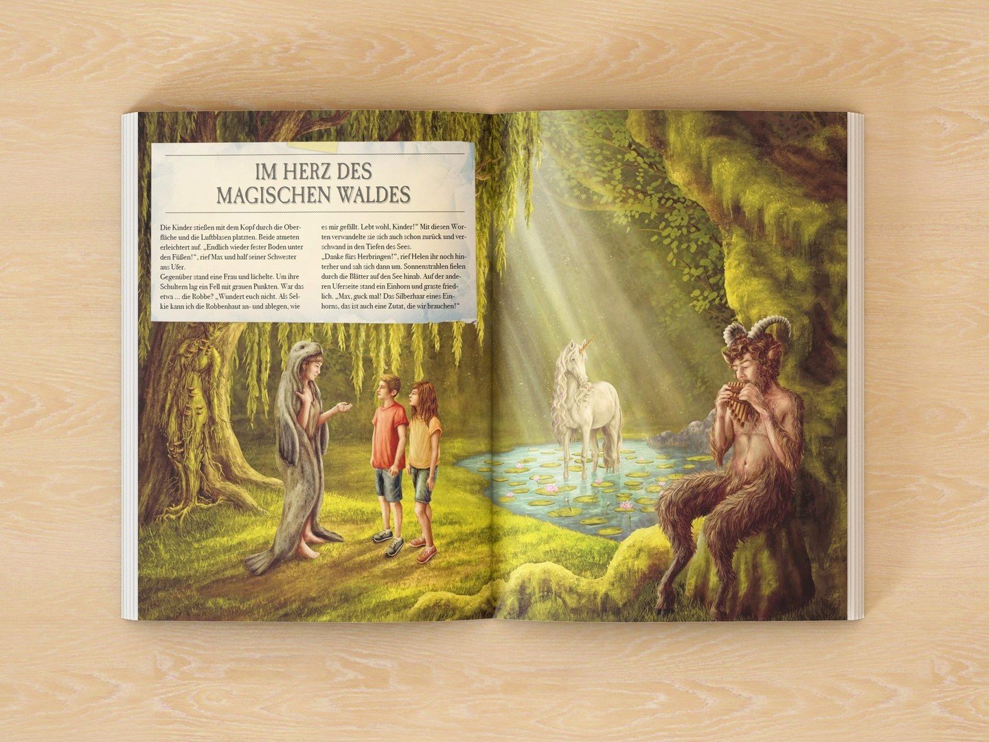 ✨️ One of the most beautiful pages of the book, I loved drawing this magical scene with the unicorn in the lake, the faun playing, and the Dryad camouflaged in the tree. The second double-page spread illustrates the seven-tailed fox called Kitsune. A