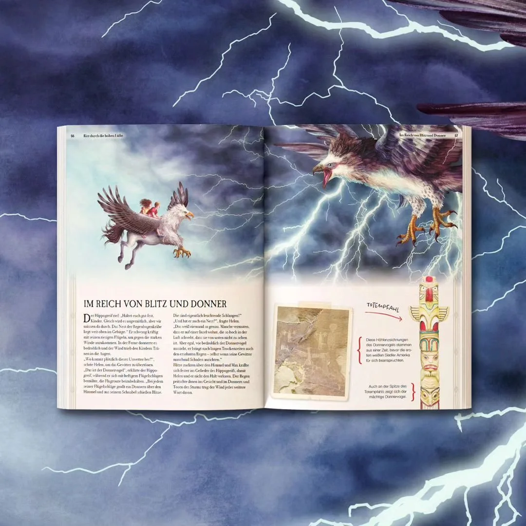 📖🦅 Max and Hellen will meet several awesome beings during their fantastic journey. Here they encounter the Thunderbird, a legendary creature from the culture of certain indigenous peoples of North America. It is considered a very powerful force of 