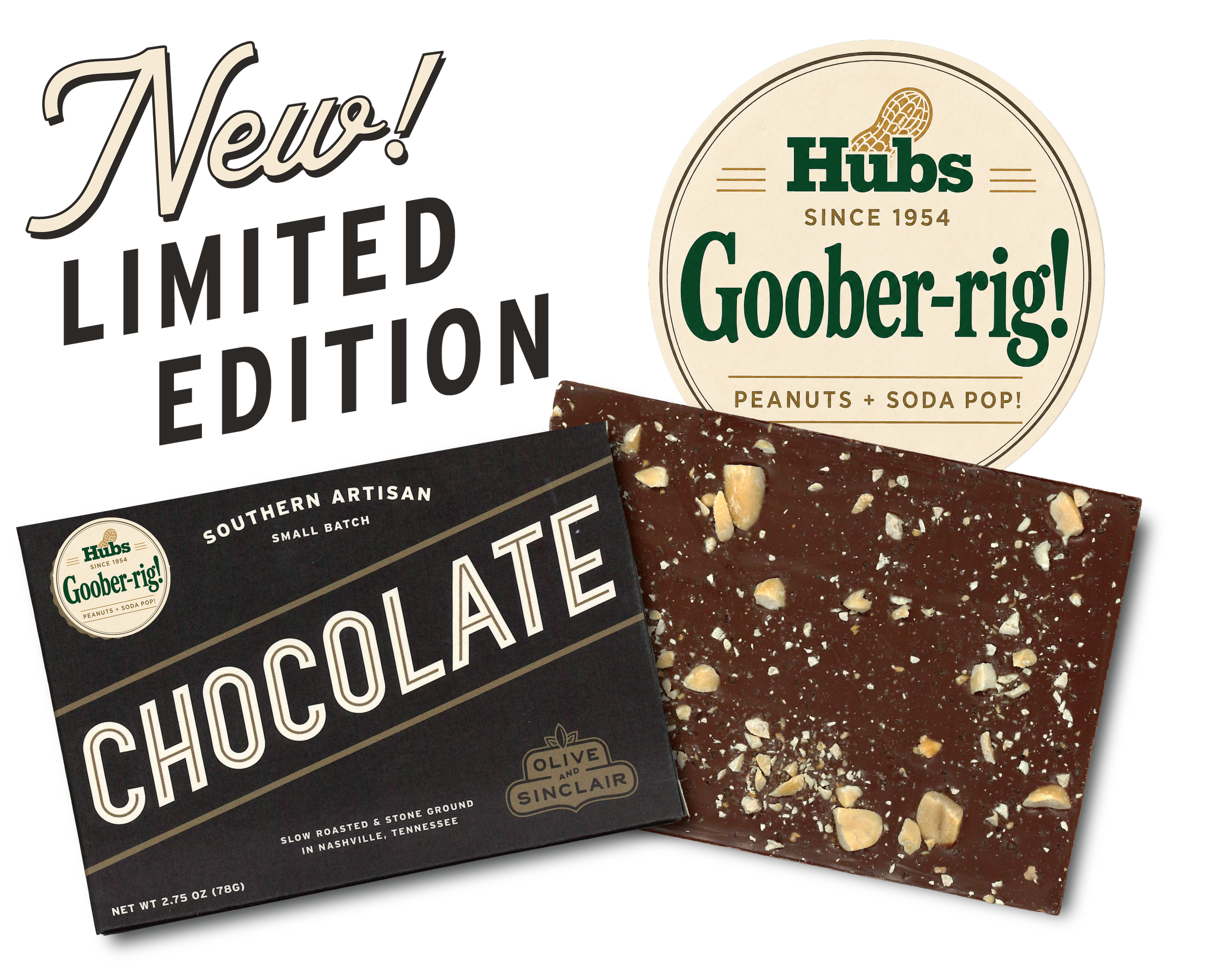 A graphic collage of images of the outside package and back of the chocolate bar with text stating New! Limited Edition Goober Rig!