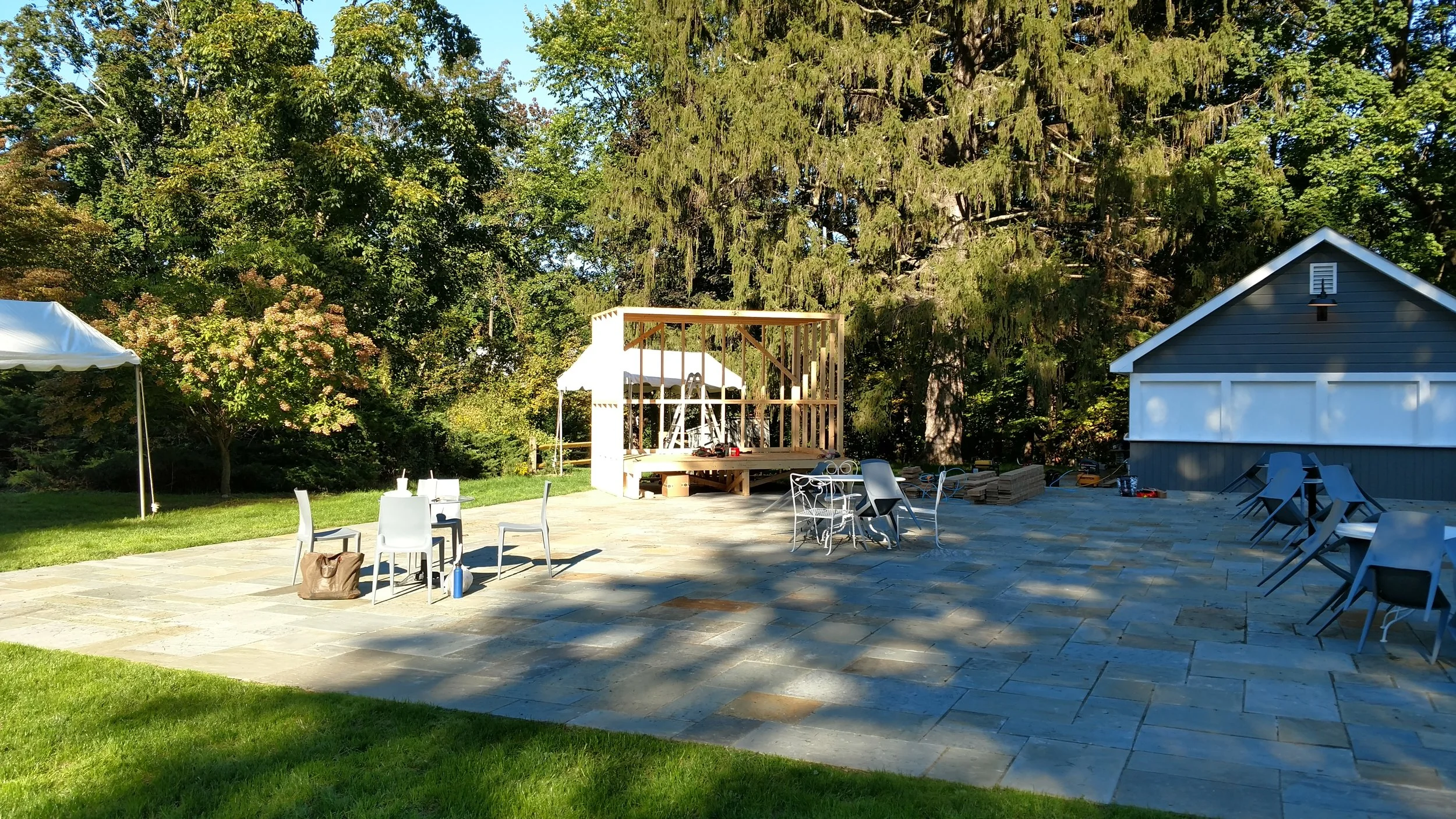 Onsite stage build at Hasbrouk House, Stone Ridge, NY.