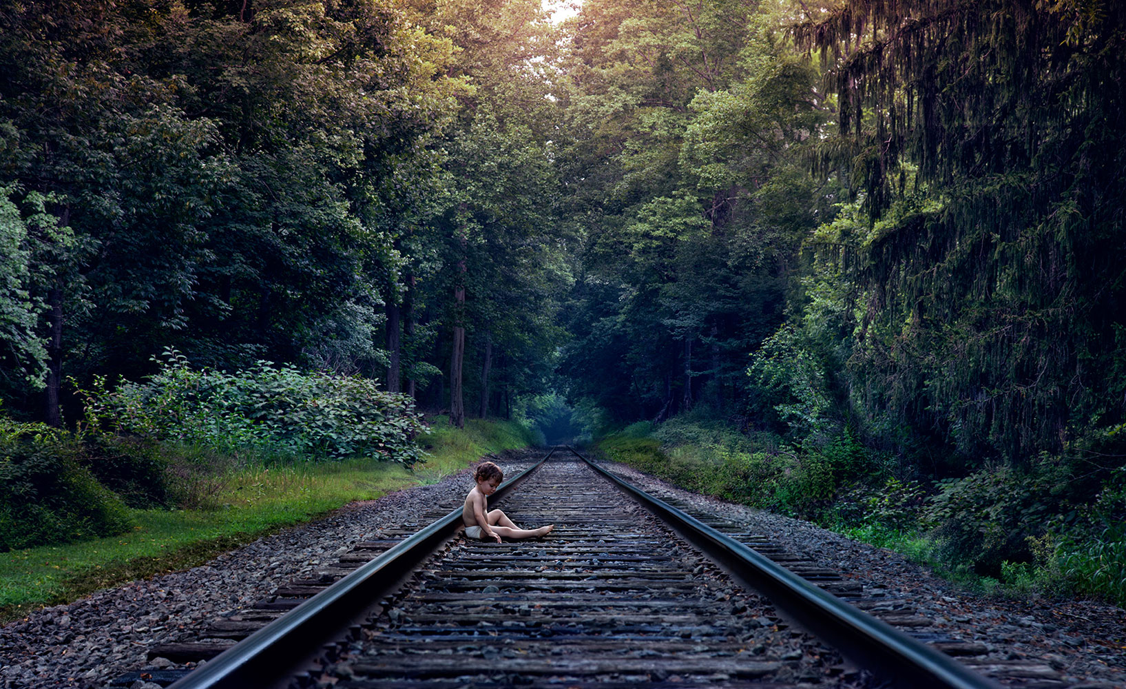 Little Boy Train Tracks by Elizabeth Moss Retouching by Rare Dig