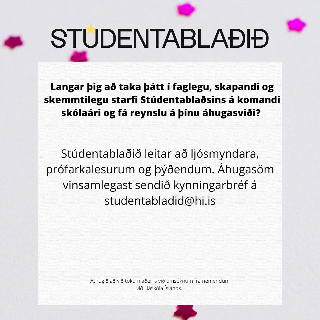 Vi&eth; minnum &aacute; a&eth; teki&eth; er vi&eth; ums&oacute;knum &iacute; viku &iacute; vi&eth;b&oacute;t - til og me&eth; 20. &aacute;g&uacute;st! 

Applications are open for one more week - until August 20th!