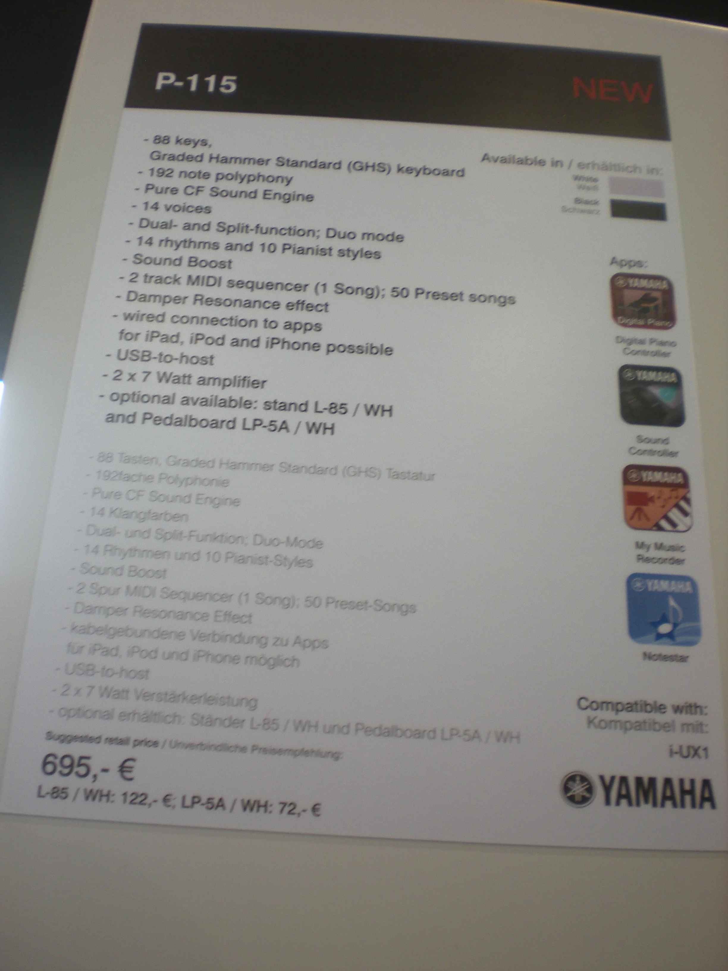 Yamaha P-115 - specyfikacje