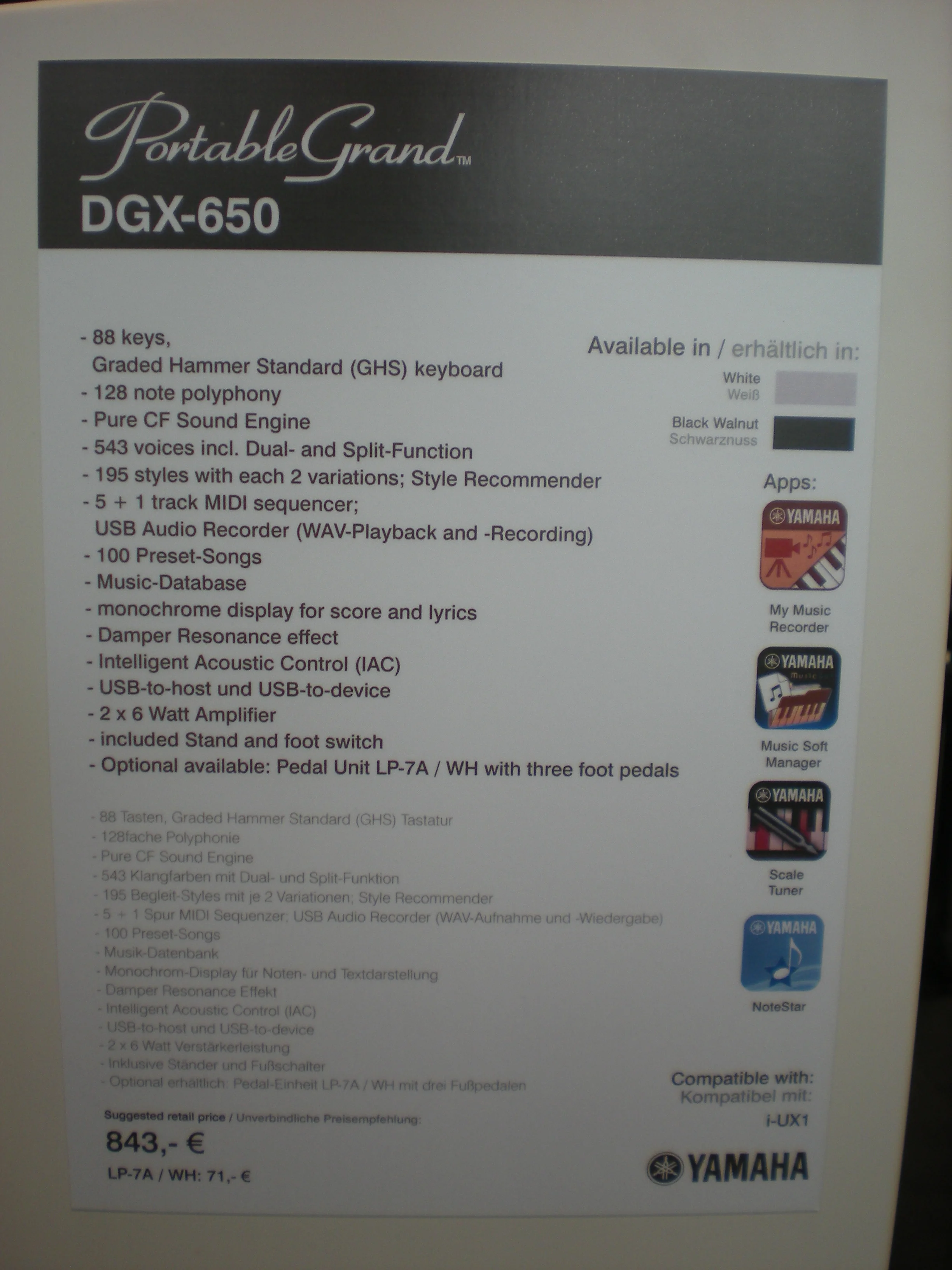 Yamaha DGX-650 - specyfikacja