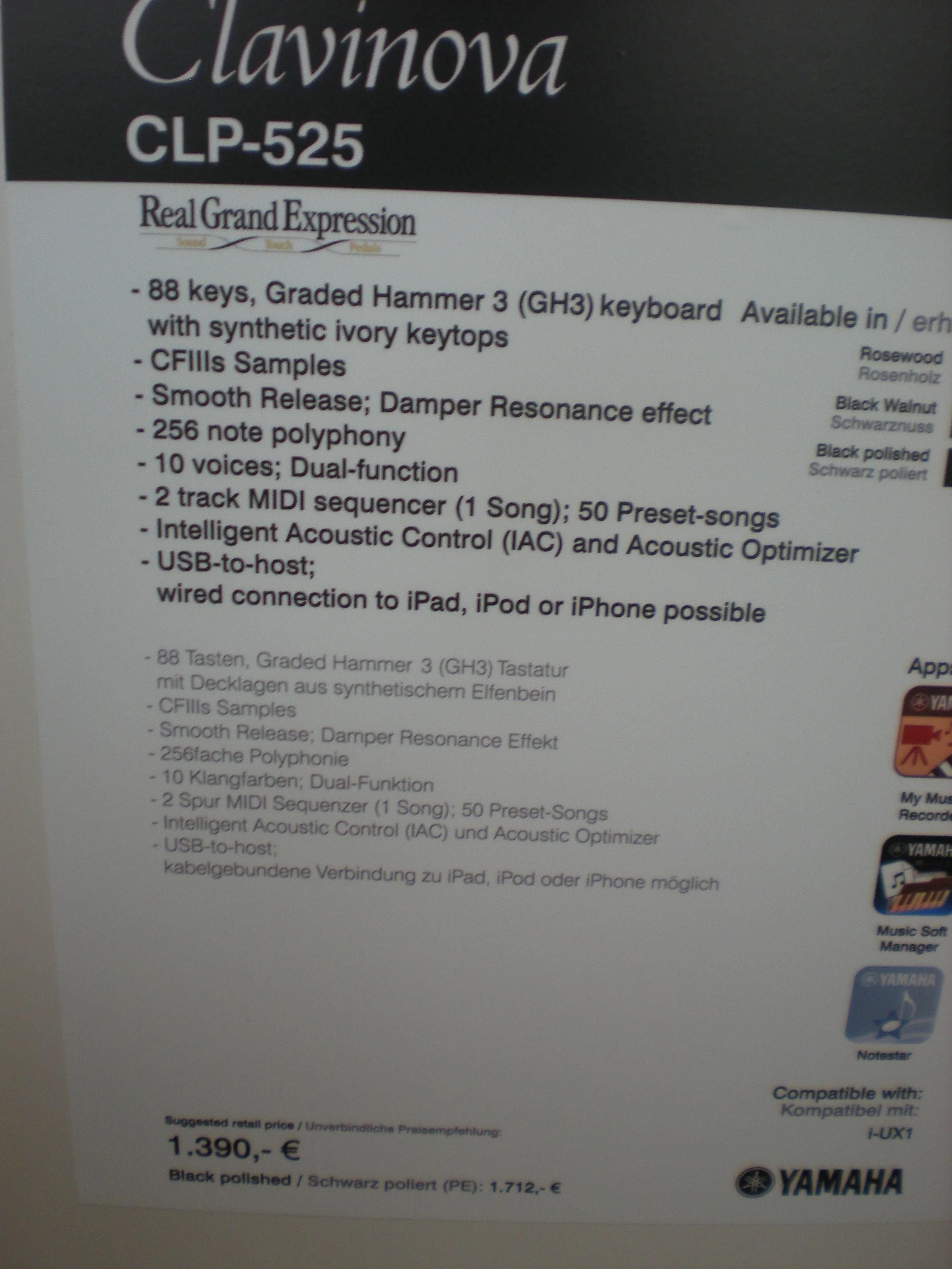 Clavinova CLP-525 - specyfikacja