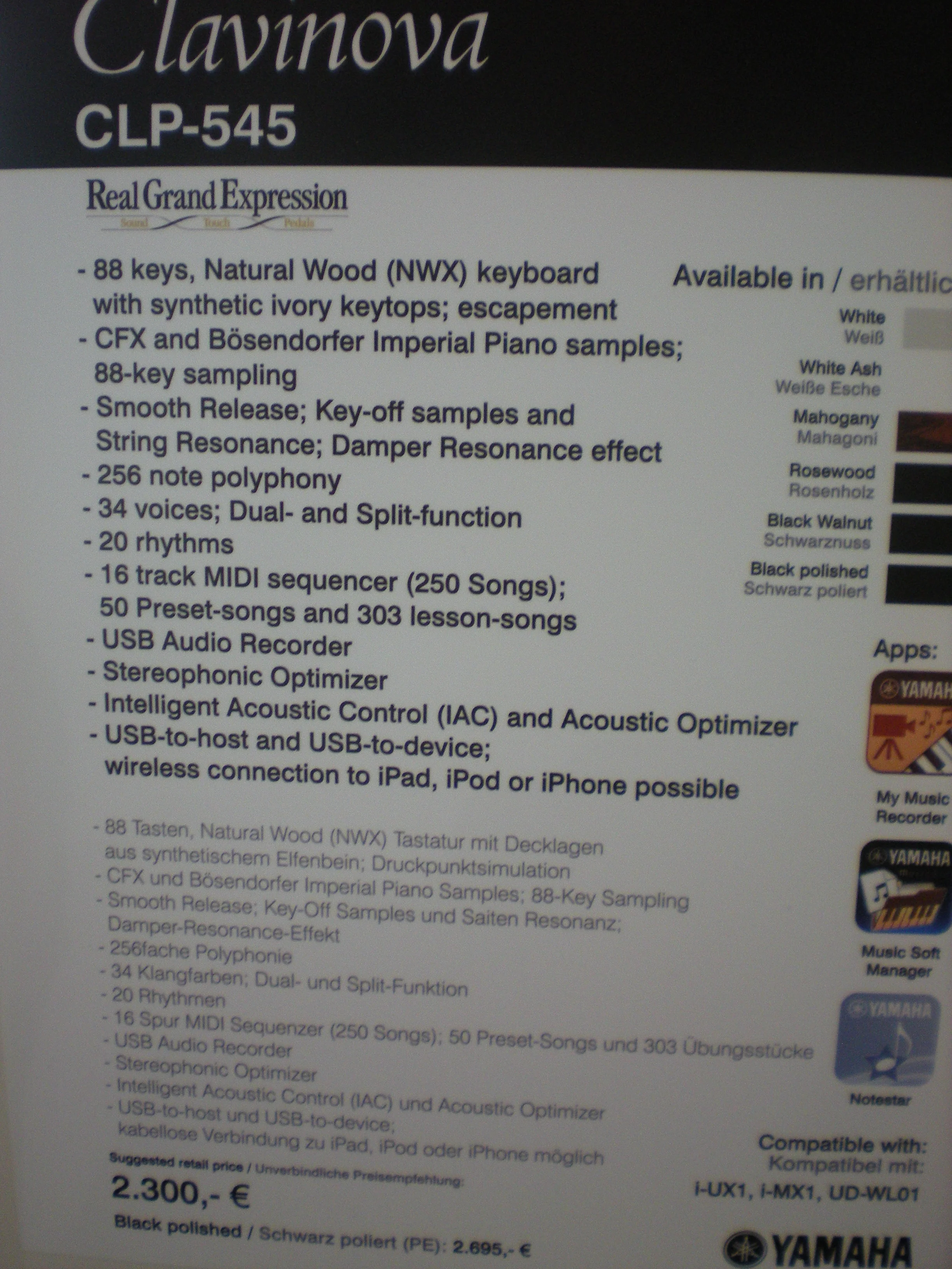 Clavinova CLP-545 - specyfikacja