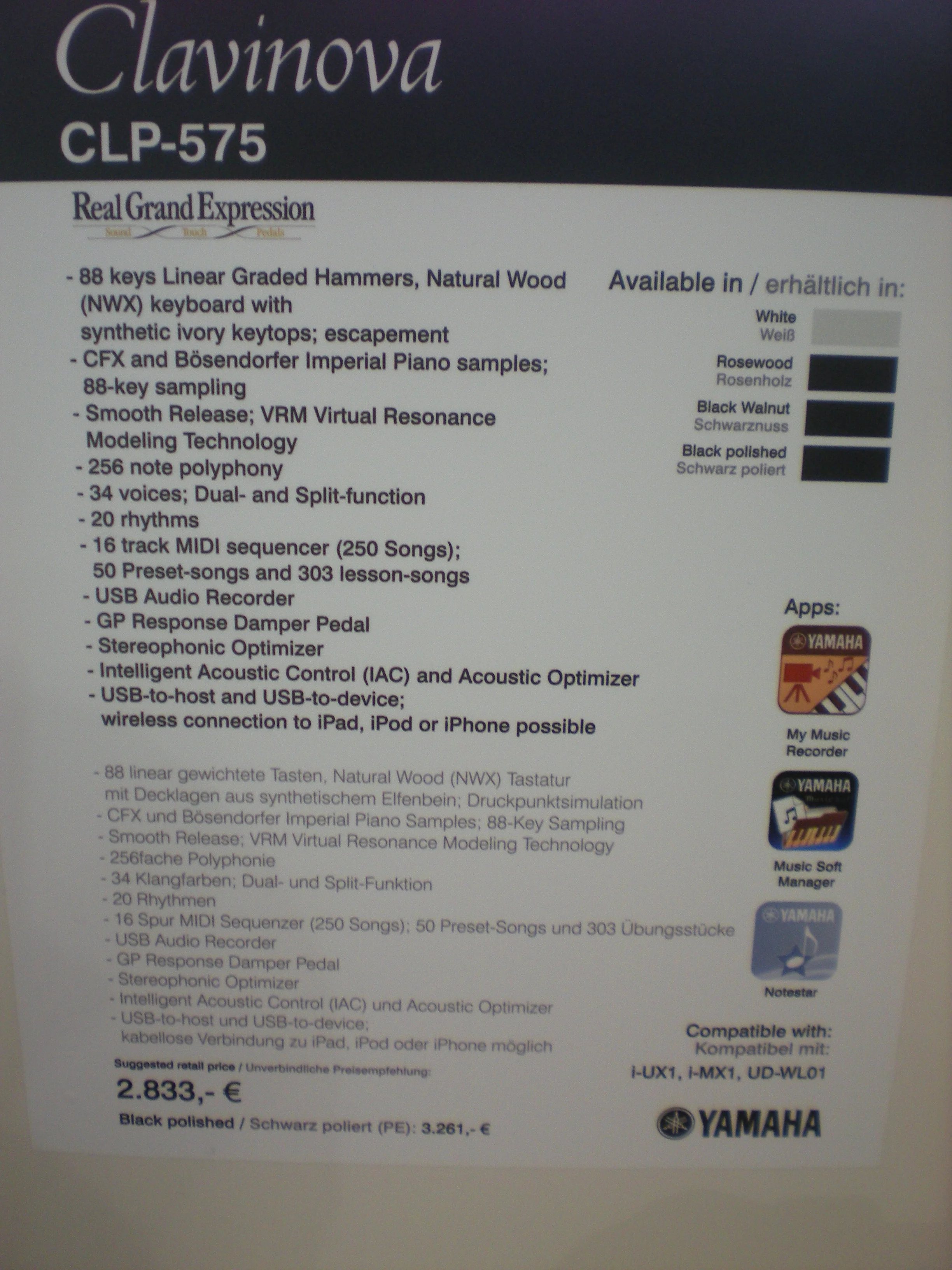 Clavinova CLP-575 - specyfikacje