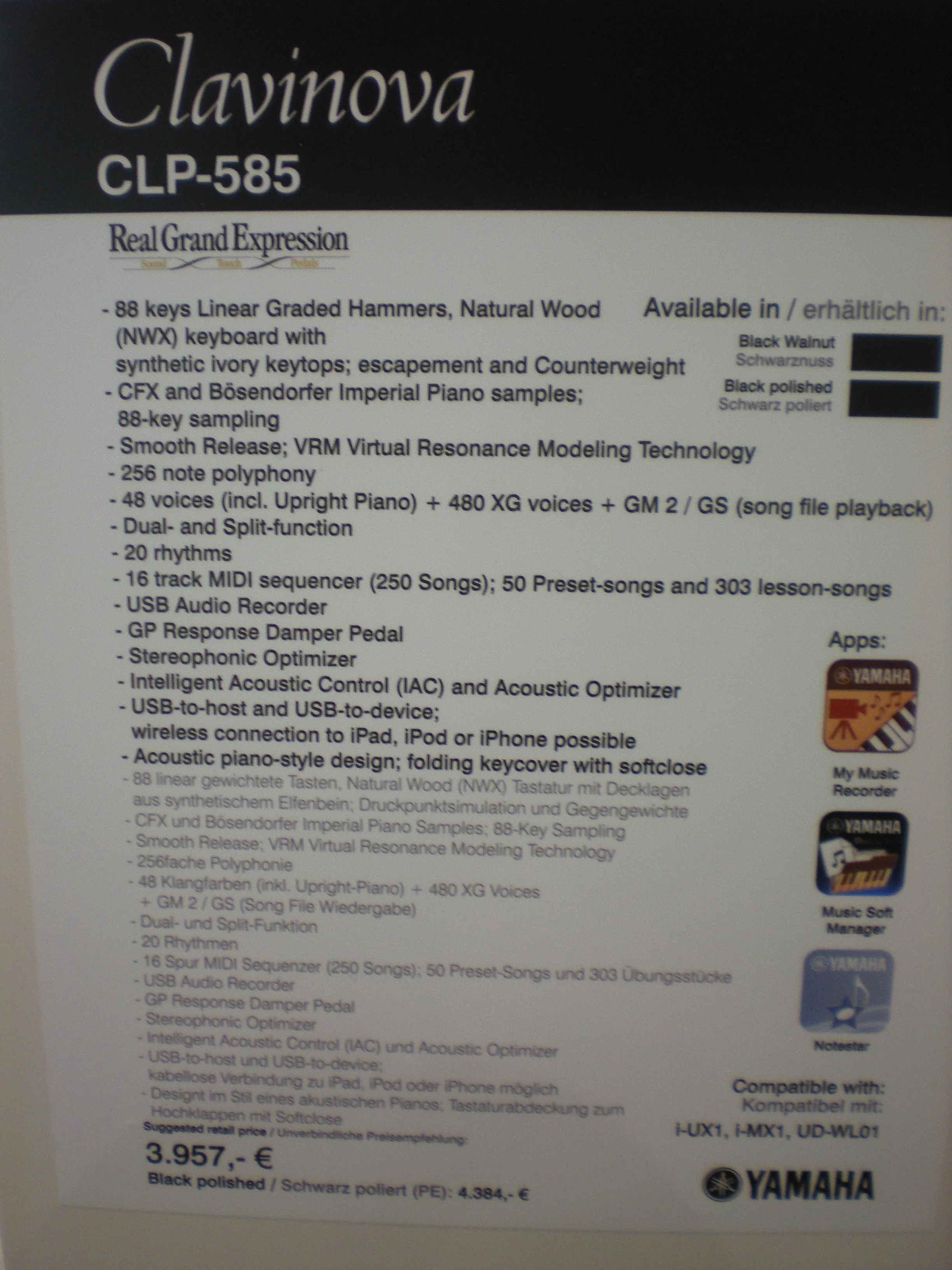 Clavinova CLP-585 specyfikacje