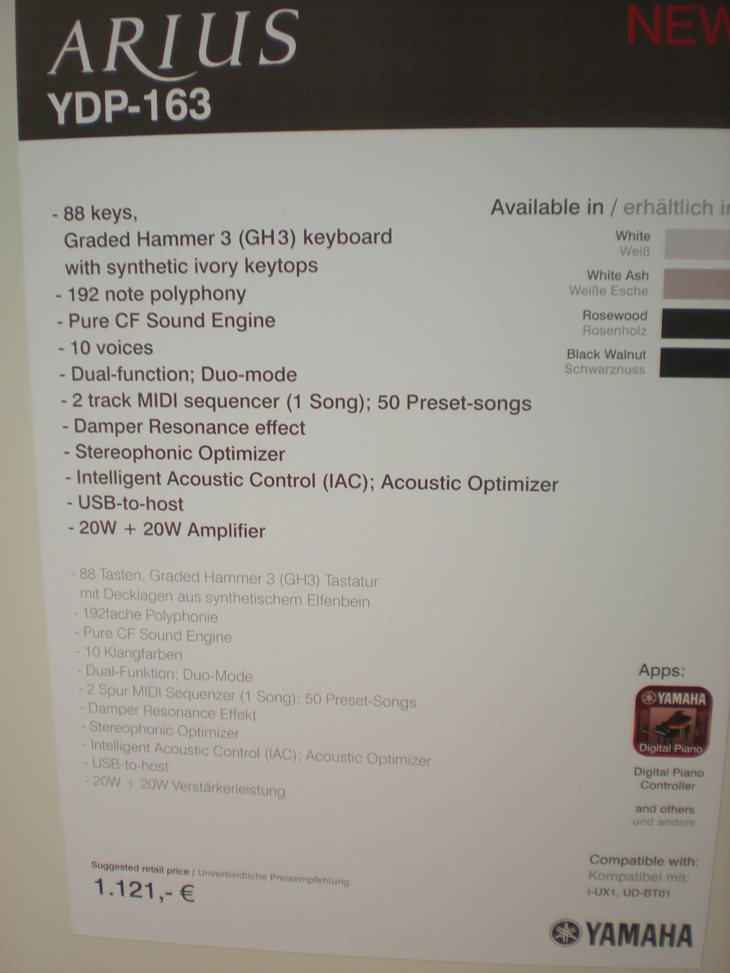 Yamaha Arius YDP-163 specyfikacje