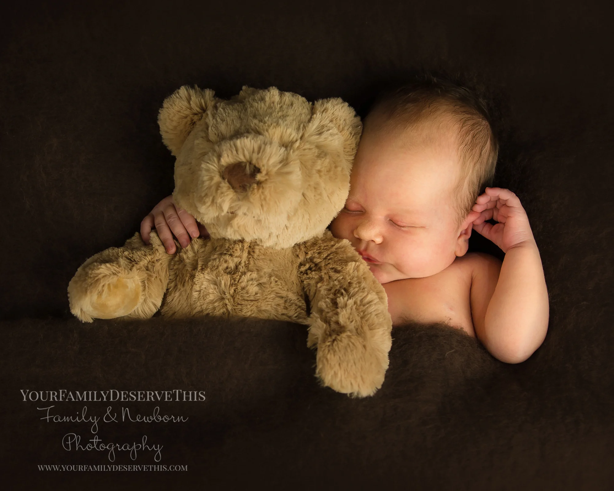 Gorgeous Imogen and her teddy bear all snuggled up for sleepy time... just 18 days new. Newborn Photographer Berkshire.