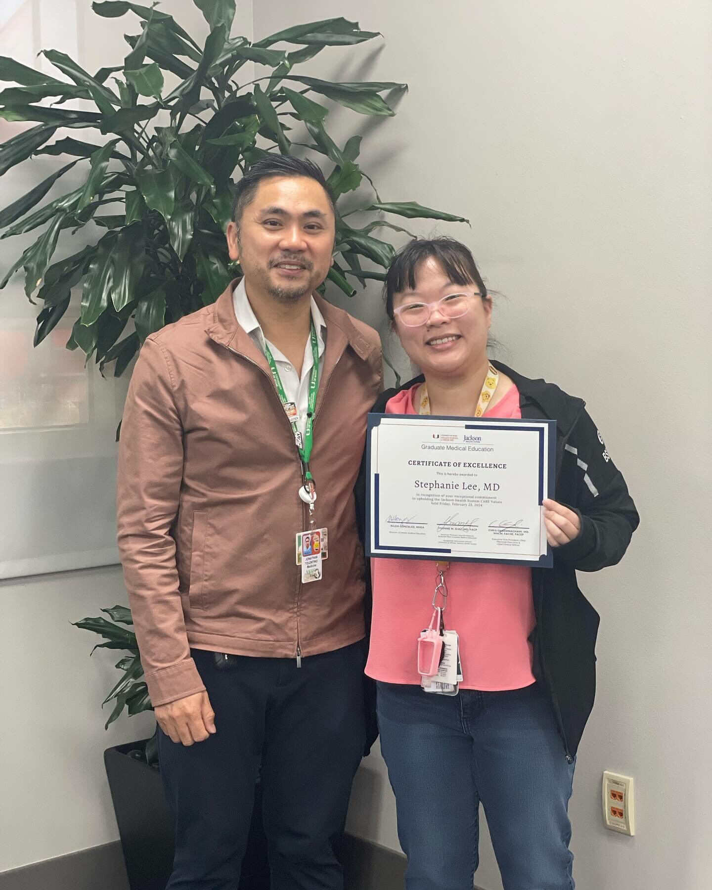 Congratulation to Dr. Stephanie Lee (PGY4) on being recognized today at @jacksonhealth CARE Spotlight Awards for Thank a Resident Week! We&rsquo;re so proud of Dr. Lee&rsquo;s leadership, kindness, and advocacy!