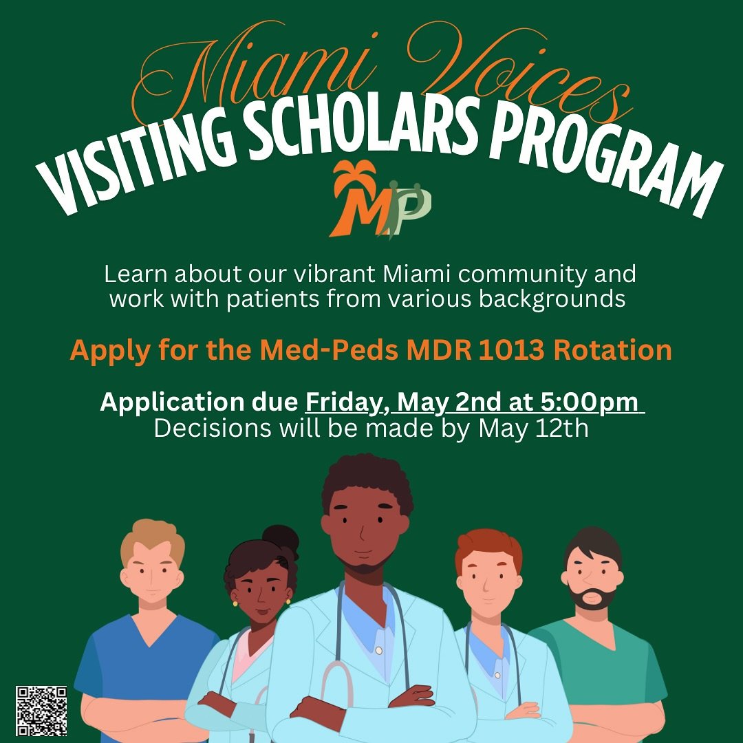 🌴 APPLY to our Miami Voices scholar program by Friday May 2nd! Meet the vibrant community of Miami FL, network with our #medpeds community, and build a deeper connection with your purpose as a physician-in-training. Stipend provided for a 2-week rot