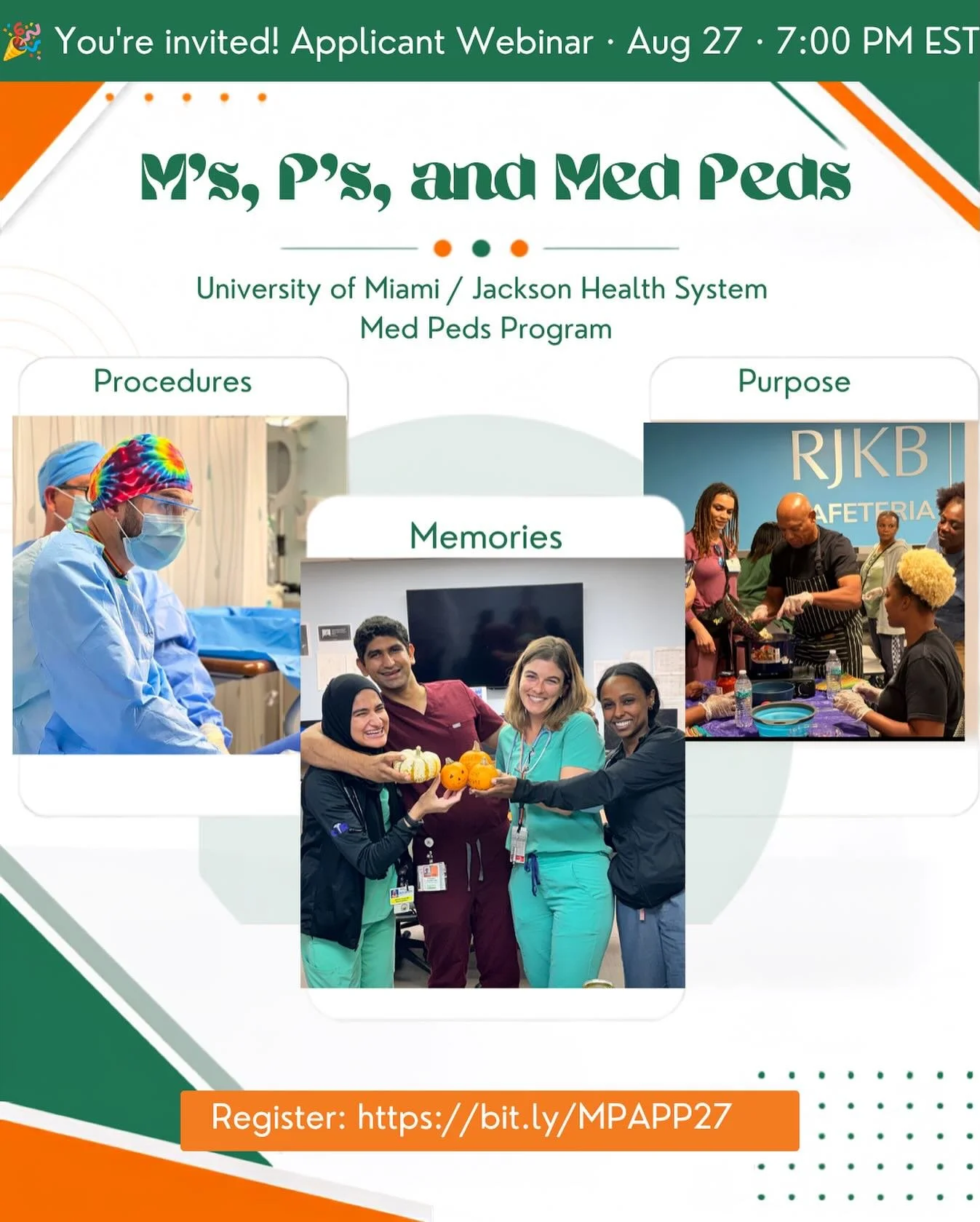 *REGISTRATION LINK CORRECTION*  M&rsquo;s, P&rsquo;s, &amp; Med-Peds! 🍊

Curious what makes Miami Med-Peds more than just a residency program?

Join us for our Applicant Webinar and get an inside look at the M&rsquo;s &amp; P&rsquo;s of Miami Med-Pe
