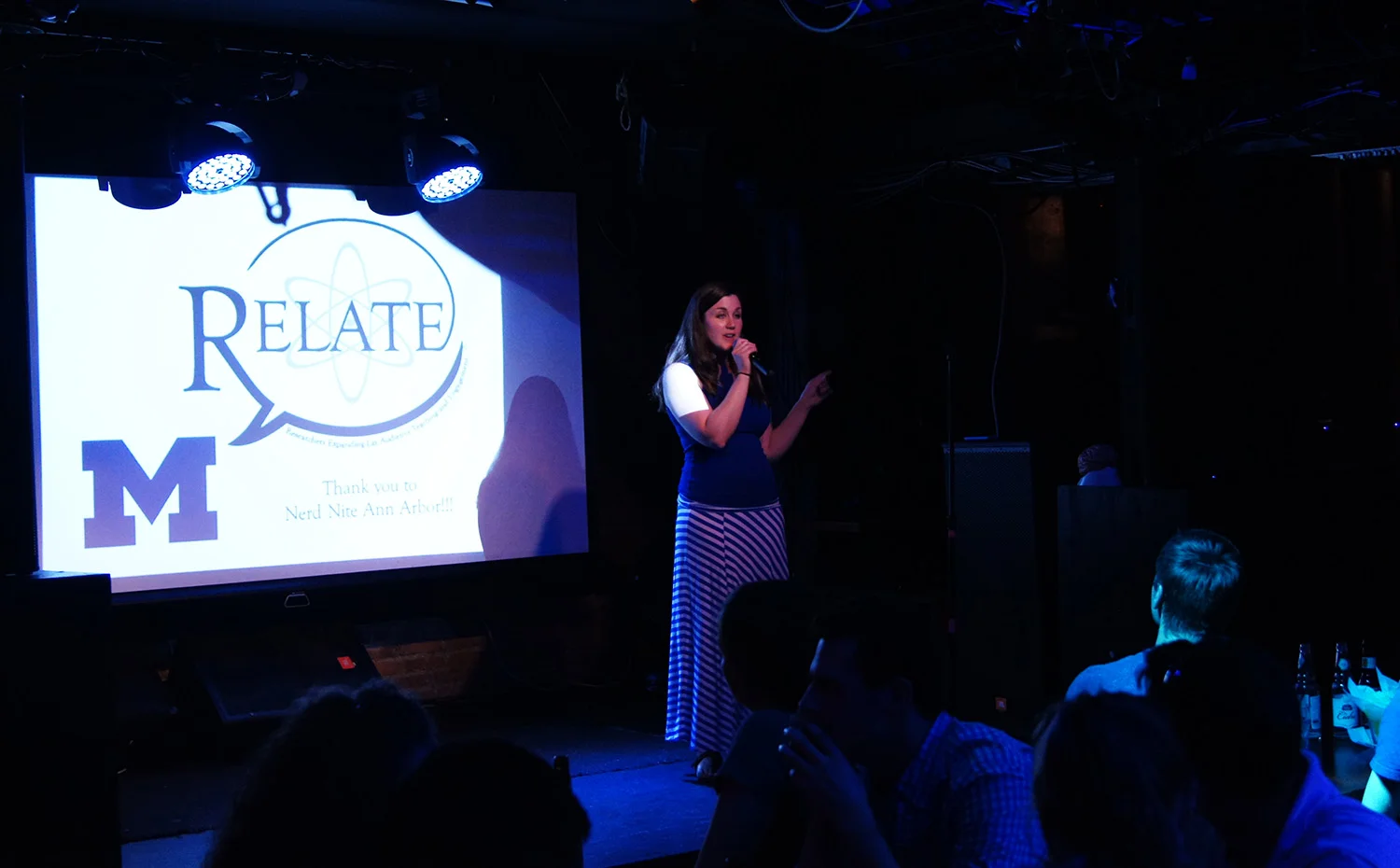 Me speaking on the Nerd Nite Ann Arbor stage, at an event co-sponsored by RELATE .