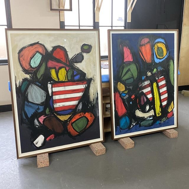 Two beautiful Jonathon Cooke paintings. The paper works have been float mounted in deep walnut box frames and glazed with anti reflective glass #briderandbull #contemporarypainting #bespoke #framing #artglass #stokenewington #hackney #n16 #woodwork @