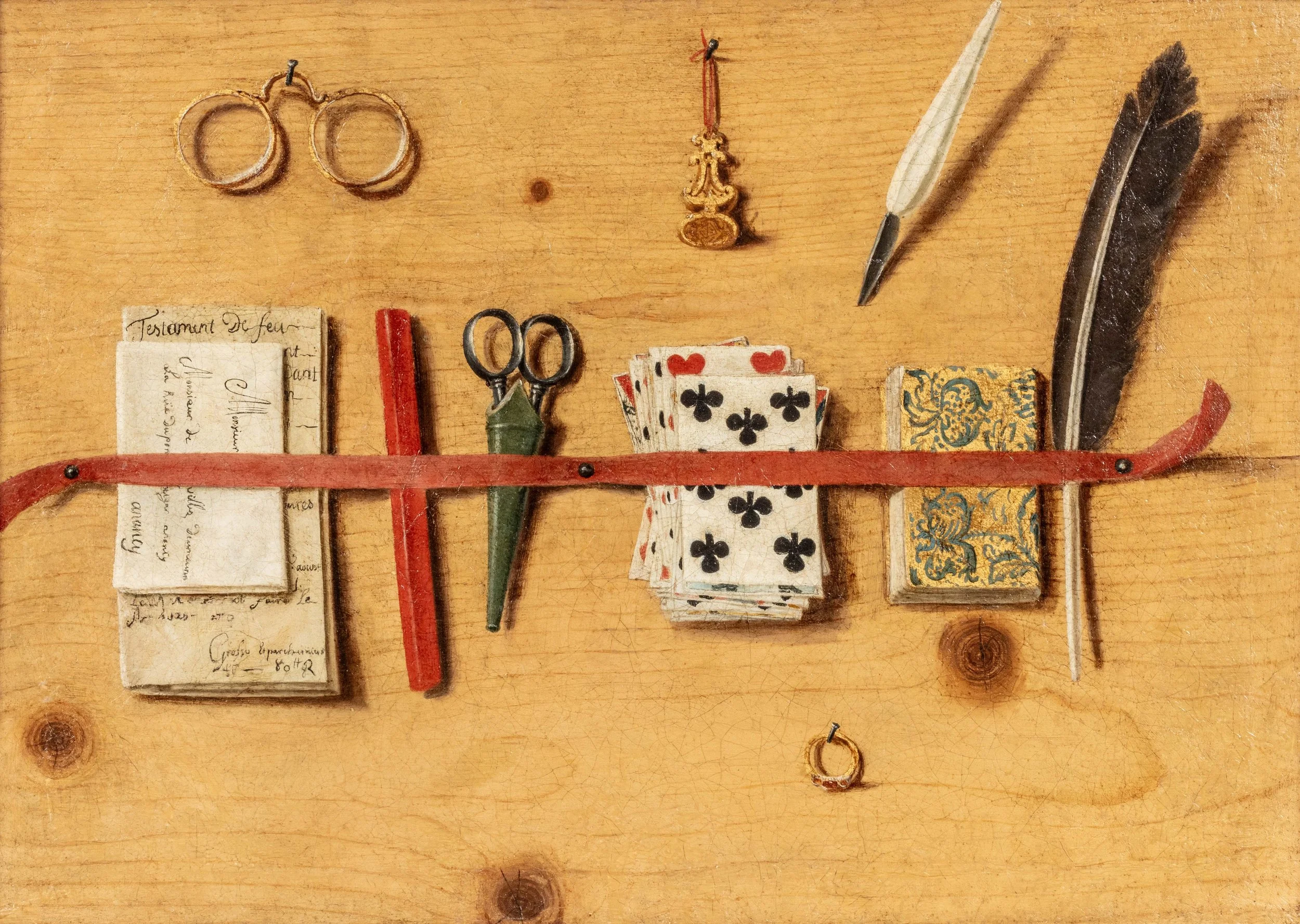 French School, 18th C, Trompe L'Oeil of a Letter Rack.