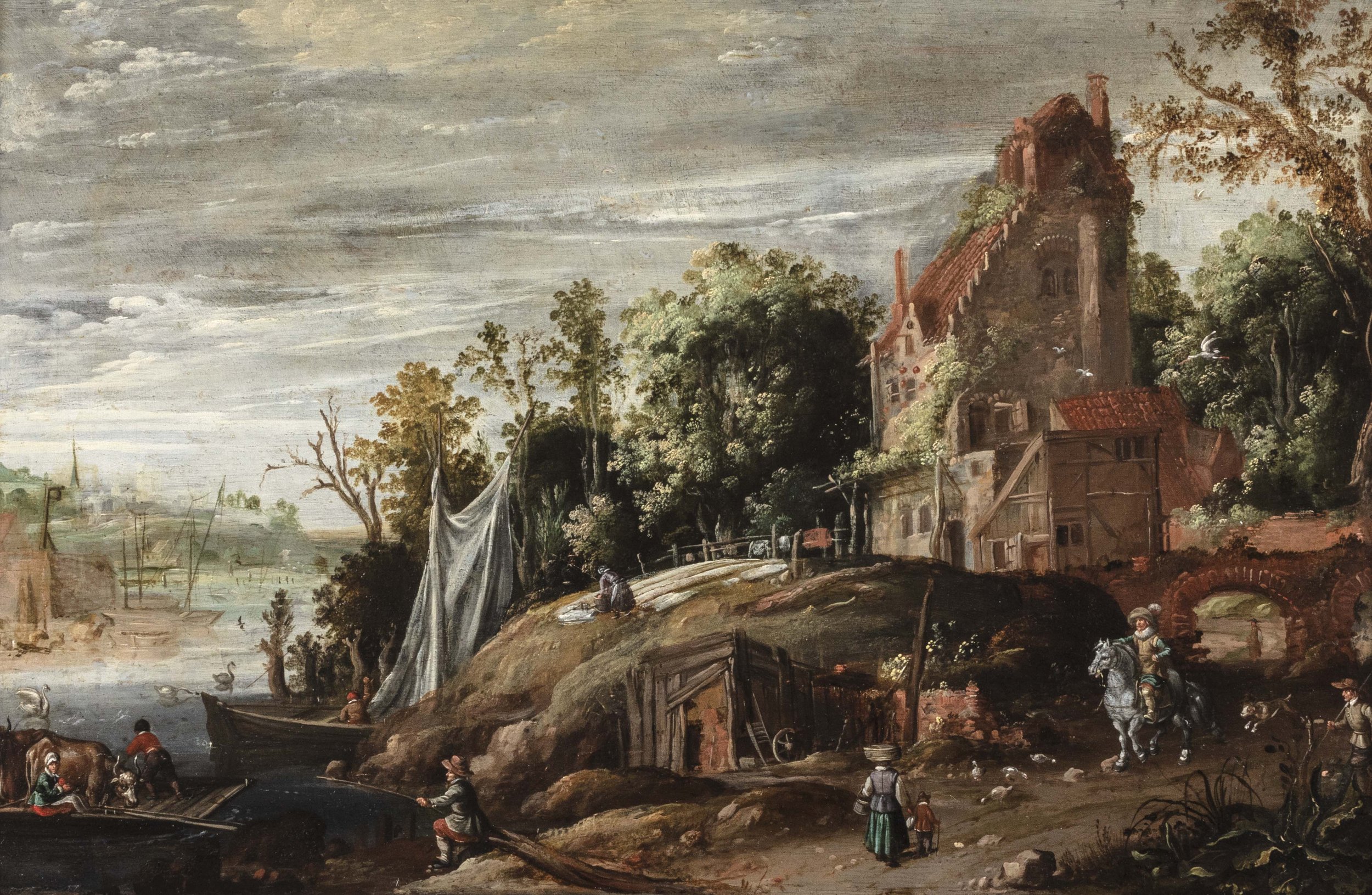 ATTR Isaac van Oosten, A River Landscape with a Ferry.