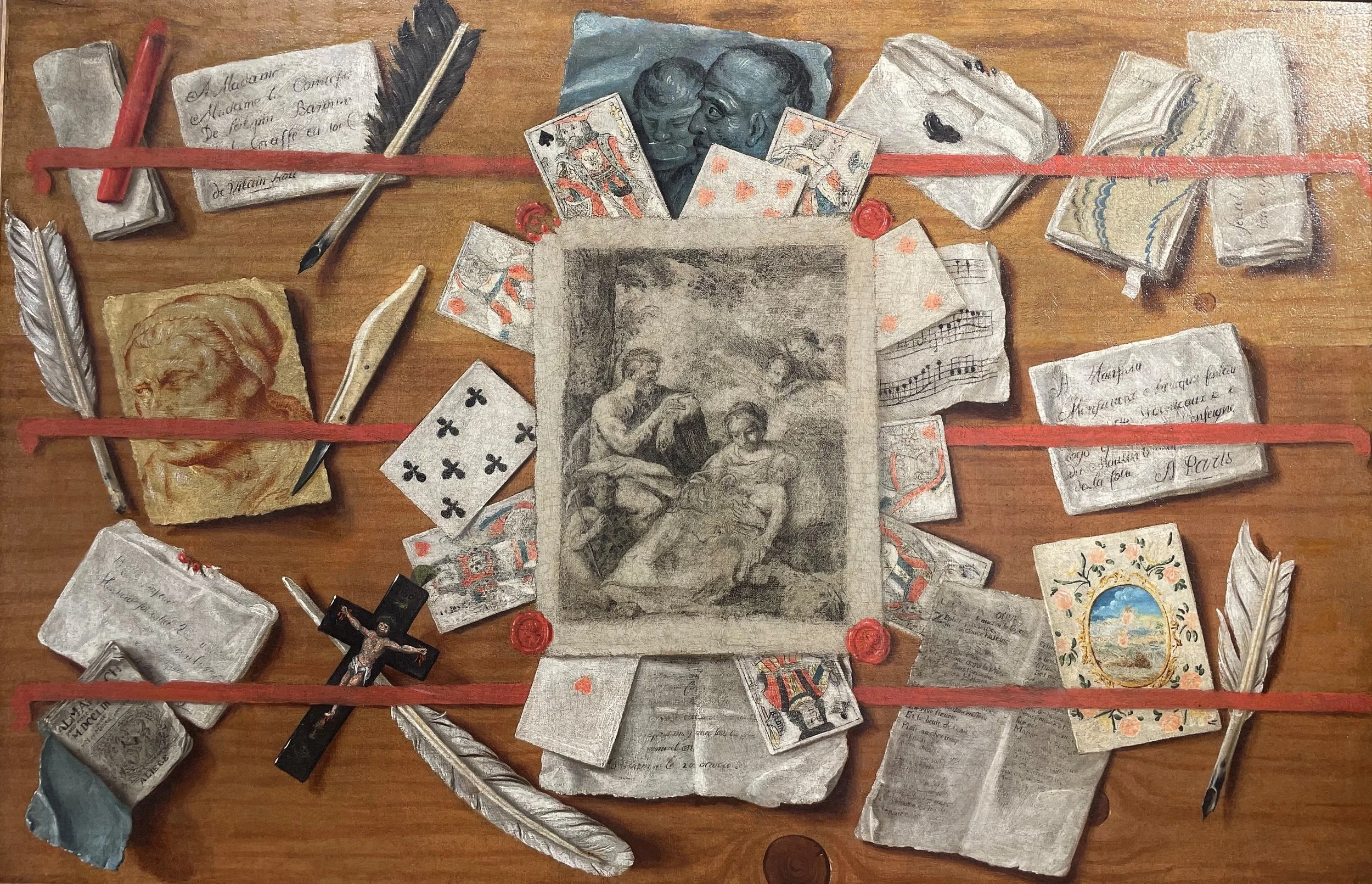 French School 18th Century, Letter Rack with an Engraving, Drawings, Sheet Music