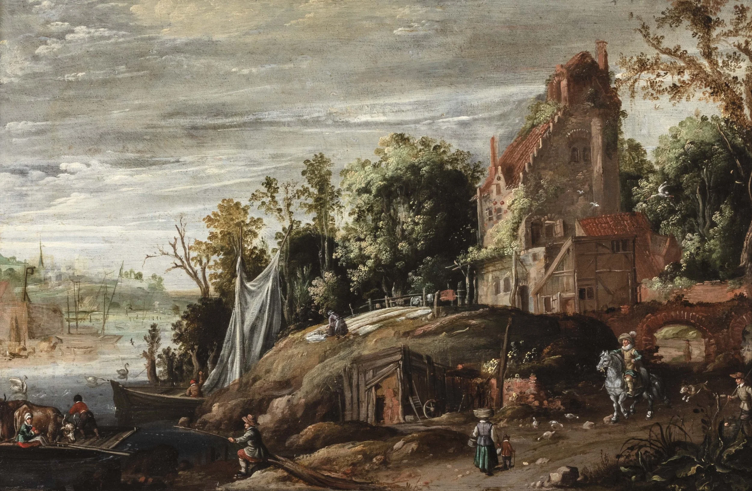 ATTR Isaac van Oosten, A River Landscape with a Ferry.