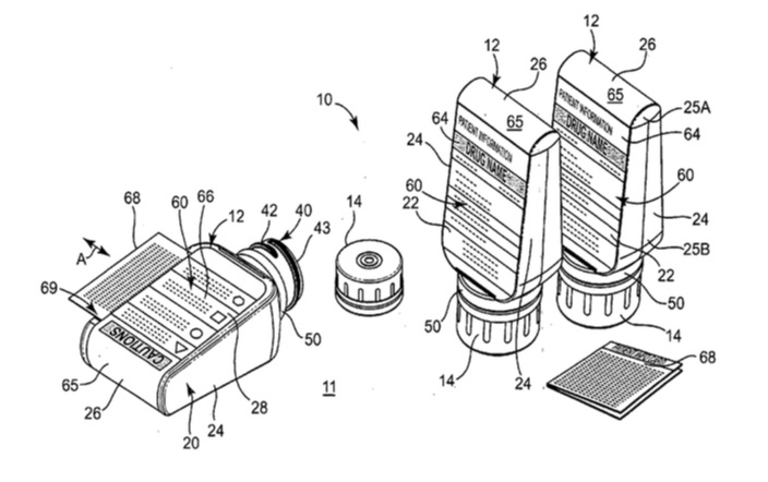 Illustration from the original ClearRx patent, US2006163110 (A1), from designers Deborah Adler and Klaus Rosberg.