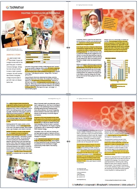 The Global Fund's brochure with every fact and figure highlighted in yellow. Copyright: The Global Fund / John Rae.