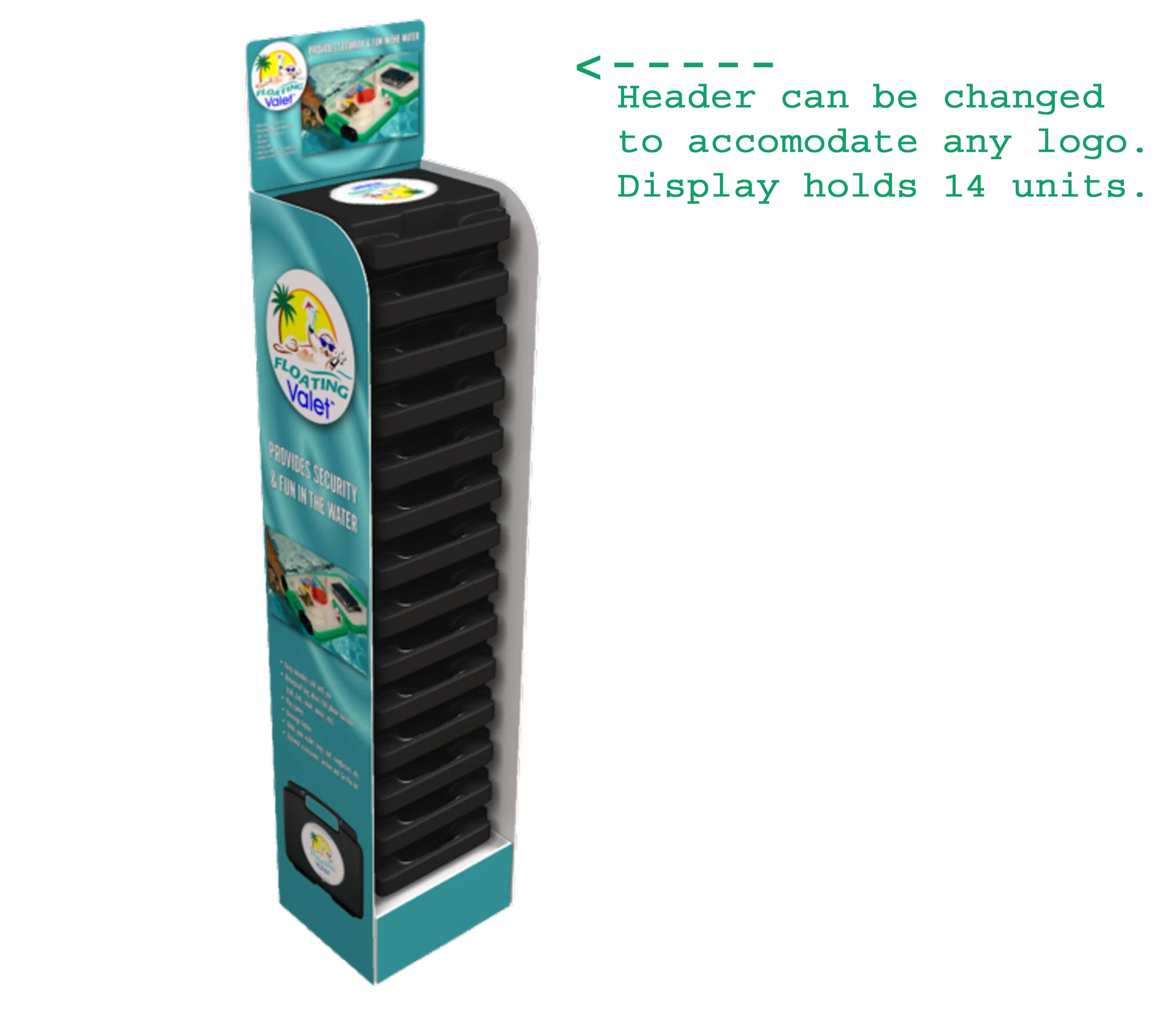 This handy display stand is a sleek way to present Floating Valets for sale in your store that requires less than 1 square foot of floorspace! The sides and header enthusiastically explain what the product does, and each Floating Valet interlocks as it is stacked on others, so there is no risk of any ever falling out the front of the display stand.