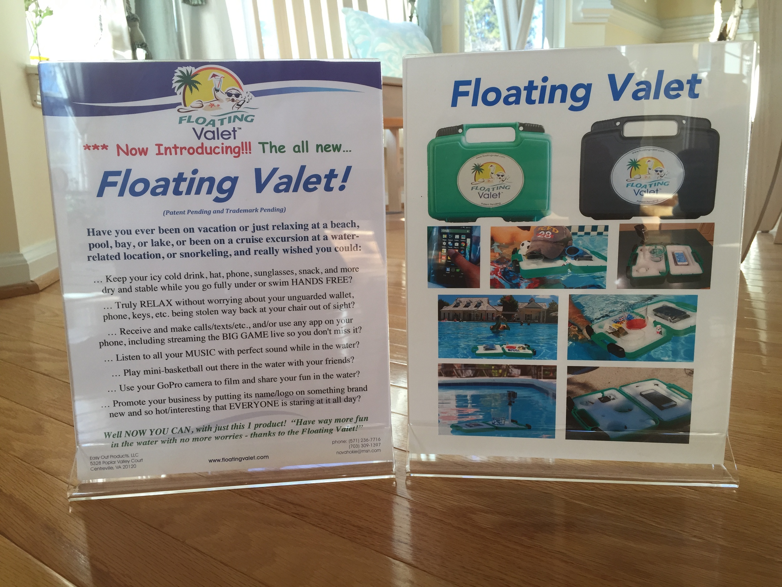 This clear, double-sided, free-standing tent sign explains the product on one side and provides photos of it on the other side, all in a stylish professional frame.