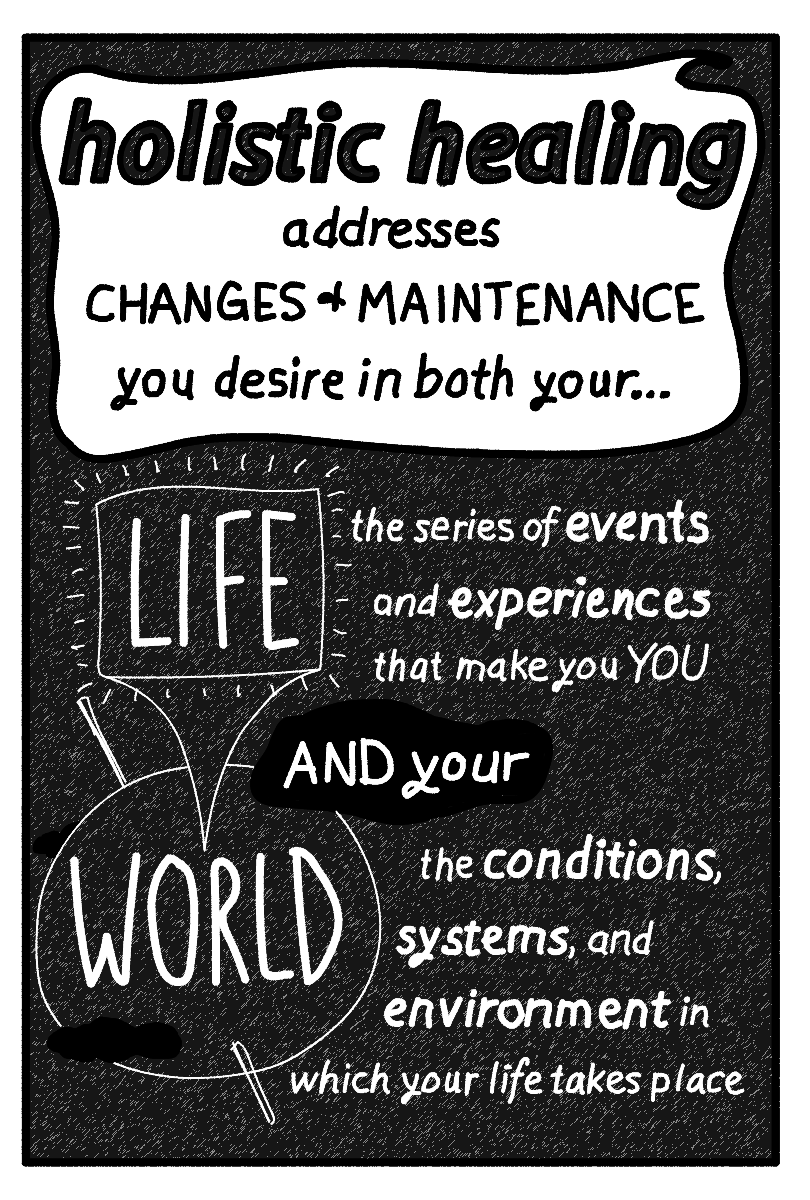  A speech bubble notes that holistic healing addresses changes and maintenance you desire in both your… Life - the series of events and experiences that make you YOU - and your World - the conditions, systems, and environment in which your life takes