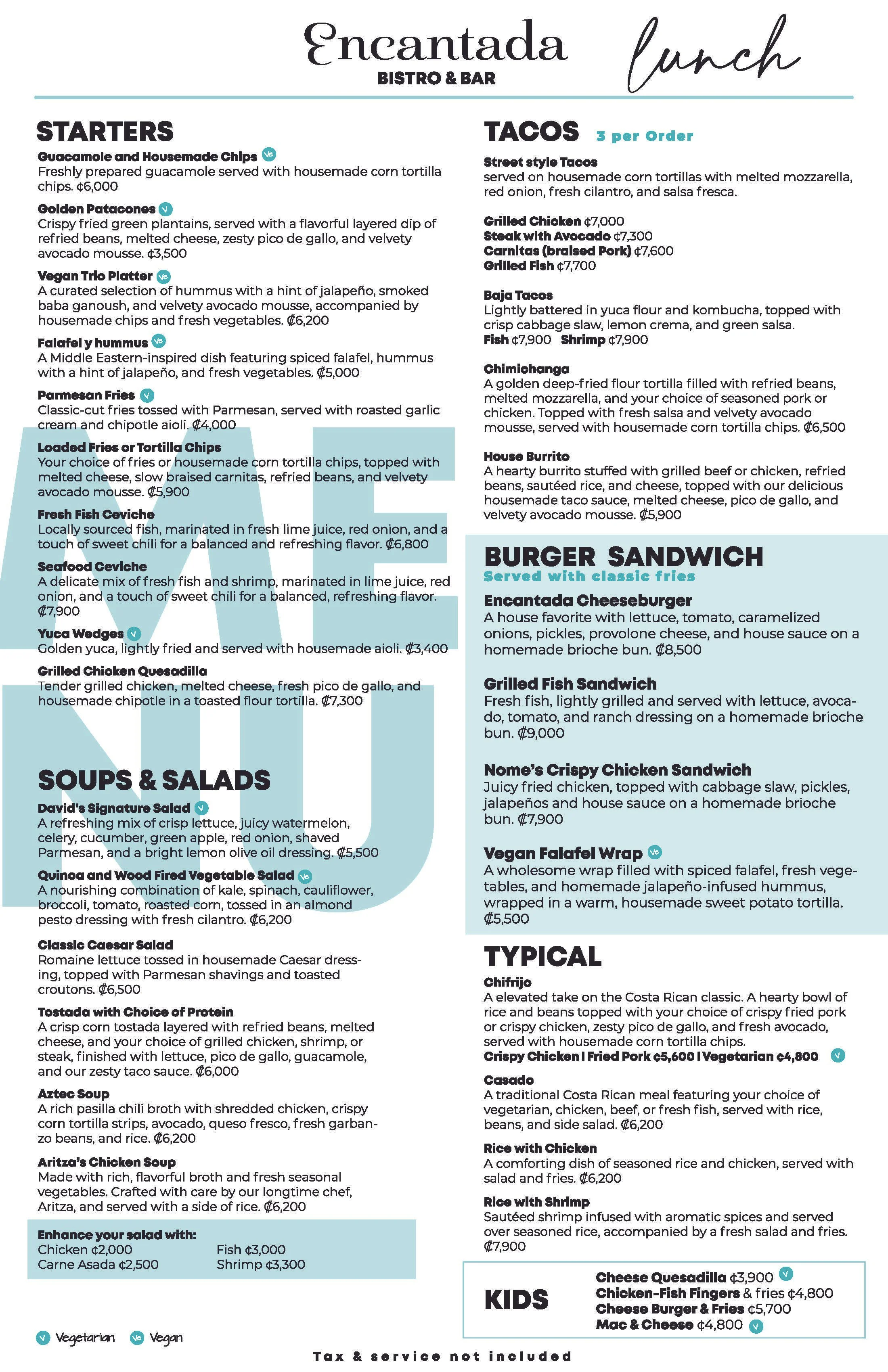 Sample restaurant menu from Encantada Bistro & Bar featuring appetizers, tacos, salads, and kids' options.