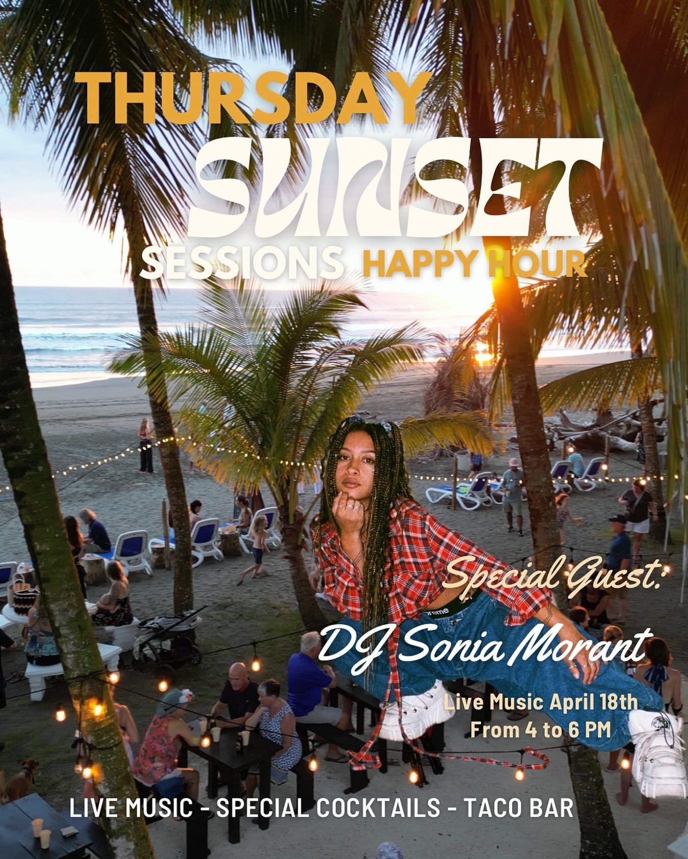 This Thursday join our Sunset Sessions Happy Hour and discover the music of DJ @soniasolll 

Join us for an afternoon of special cocktails
🎶🎧 Live music, taco bar, and the best sunset in Esterillos!
👉 Thursday April 18th from 4 to 6pm
📍Encantada 