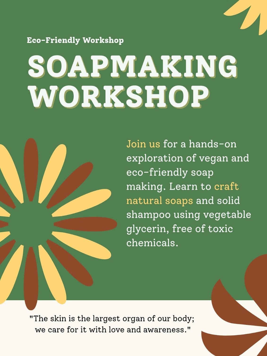 Eco-Friendly Soapmaking Workshop 🧼🌿

Join us for a hands-on adventure in crafting vegan and eco-friendly soaps! 💚 Discover the art of making natural soaps and solid shampoo using pure vegetable glycerin, completely free of toxic chemicals! 🌱✨

🧴
