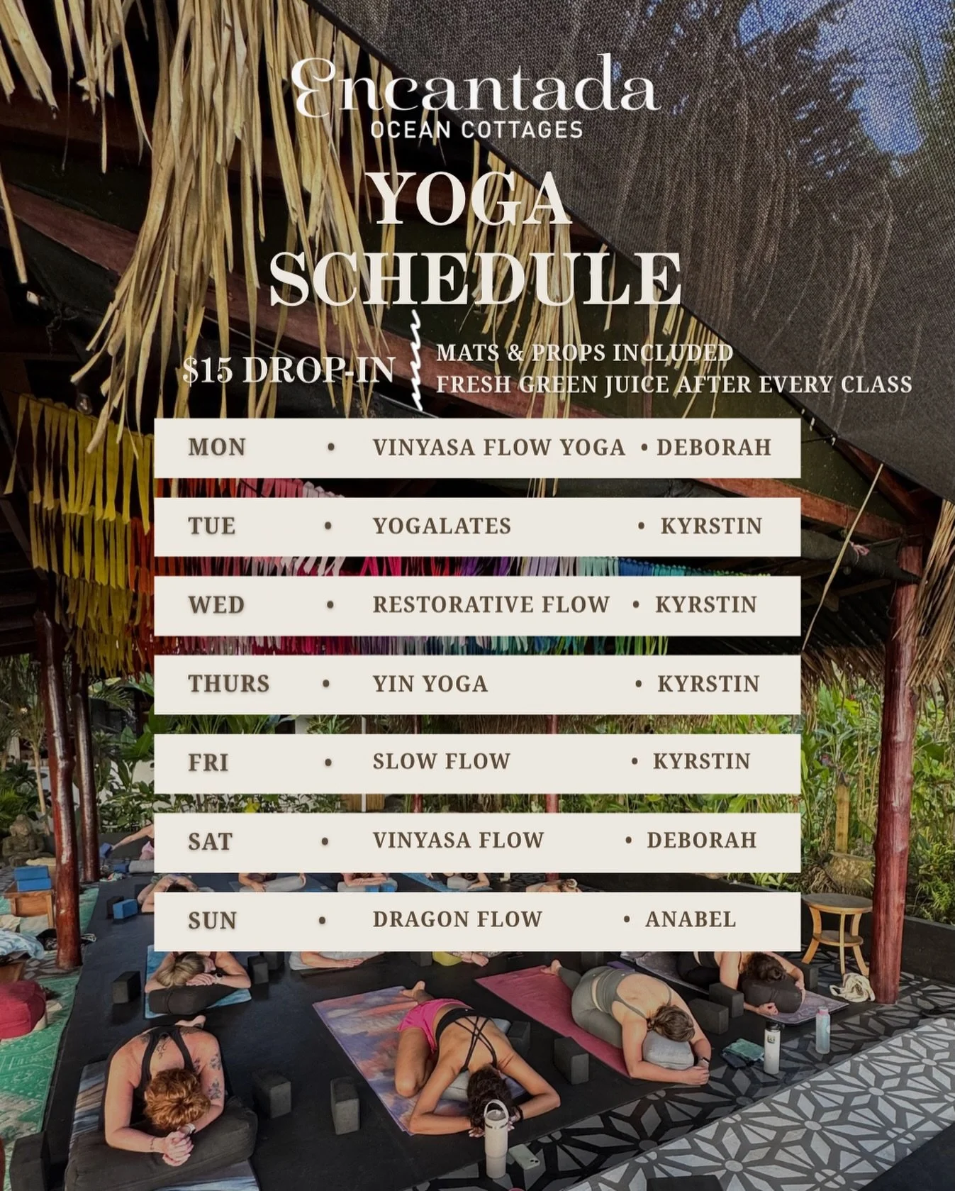 9AM.
Ocean air.
Intentional movement.

Daily yoga at Encantada &mdash; with experienced teachers, all levels welcome, and green juice waiting for you after class.

Drop in for $15.
Meet us in the shala 🌿

Esterillos Este, Costa Rica

#encantadacr #c
