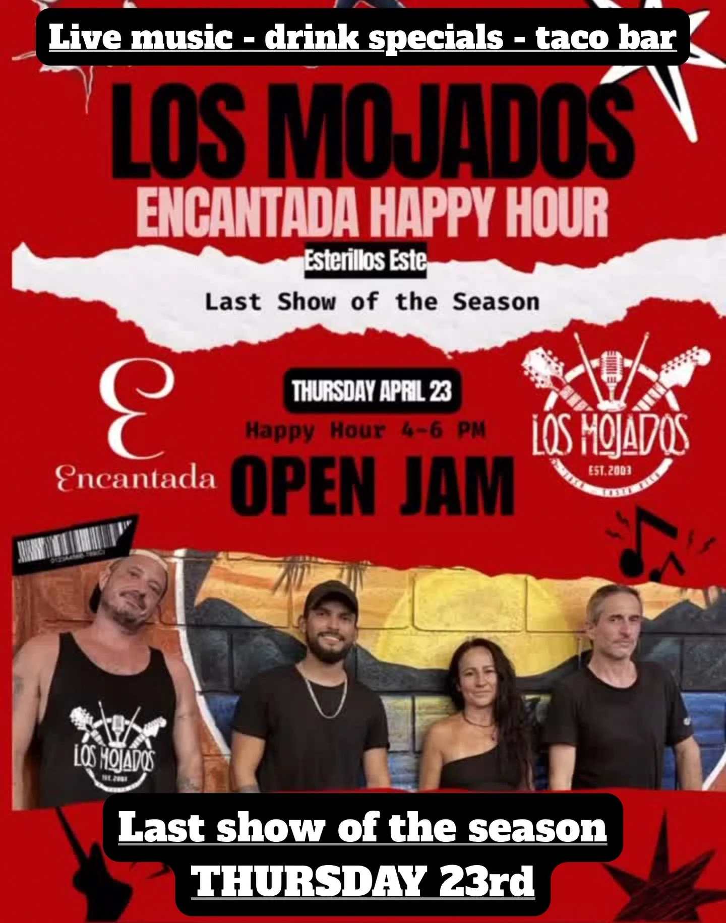 This is it&hellip; the LAST Sunset Sessions of the season 🌅🎶

Join us this Thursday, April 23rd for an Open Jam with Los Mojados &mdash; good vibes, live music, and one final sunset together.

🍻 Happy Hour 4&ndash;6 PM
📍 Encantada, Esterillos Est
