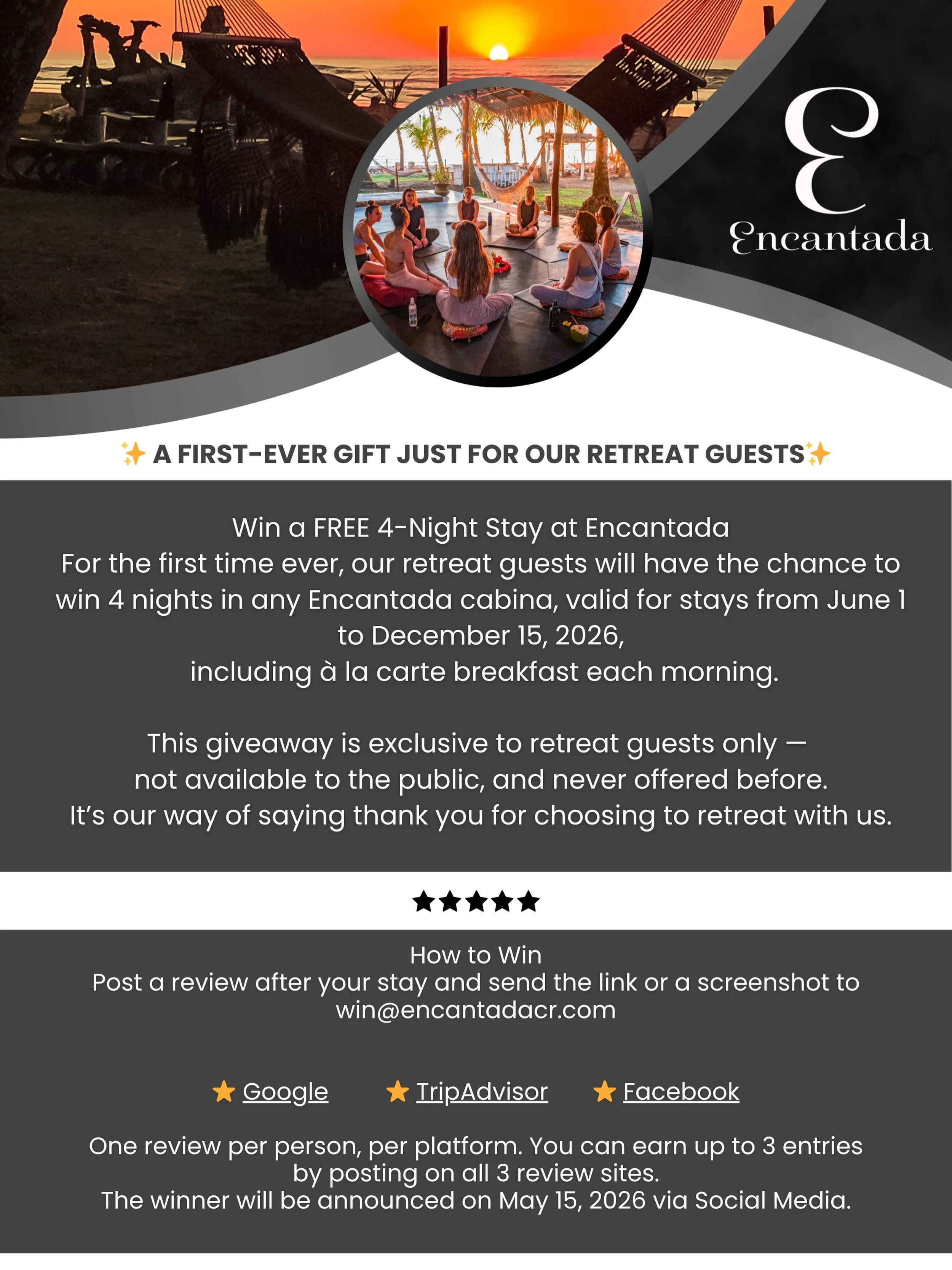 ✨ EXCLUSIVELY FOR OUR RETREAT GUESTS ✨
💛 A special thank you for being part of the Encantada experience 💛

Due to the amazing response from our retreat guests, we&rsquo;ve decided to extend our Encantada Giveaway for one more month &mdash; giving e