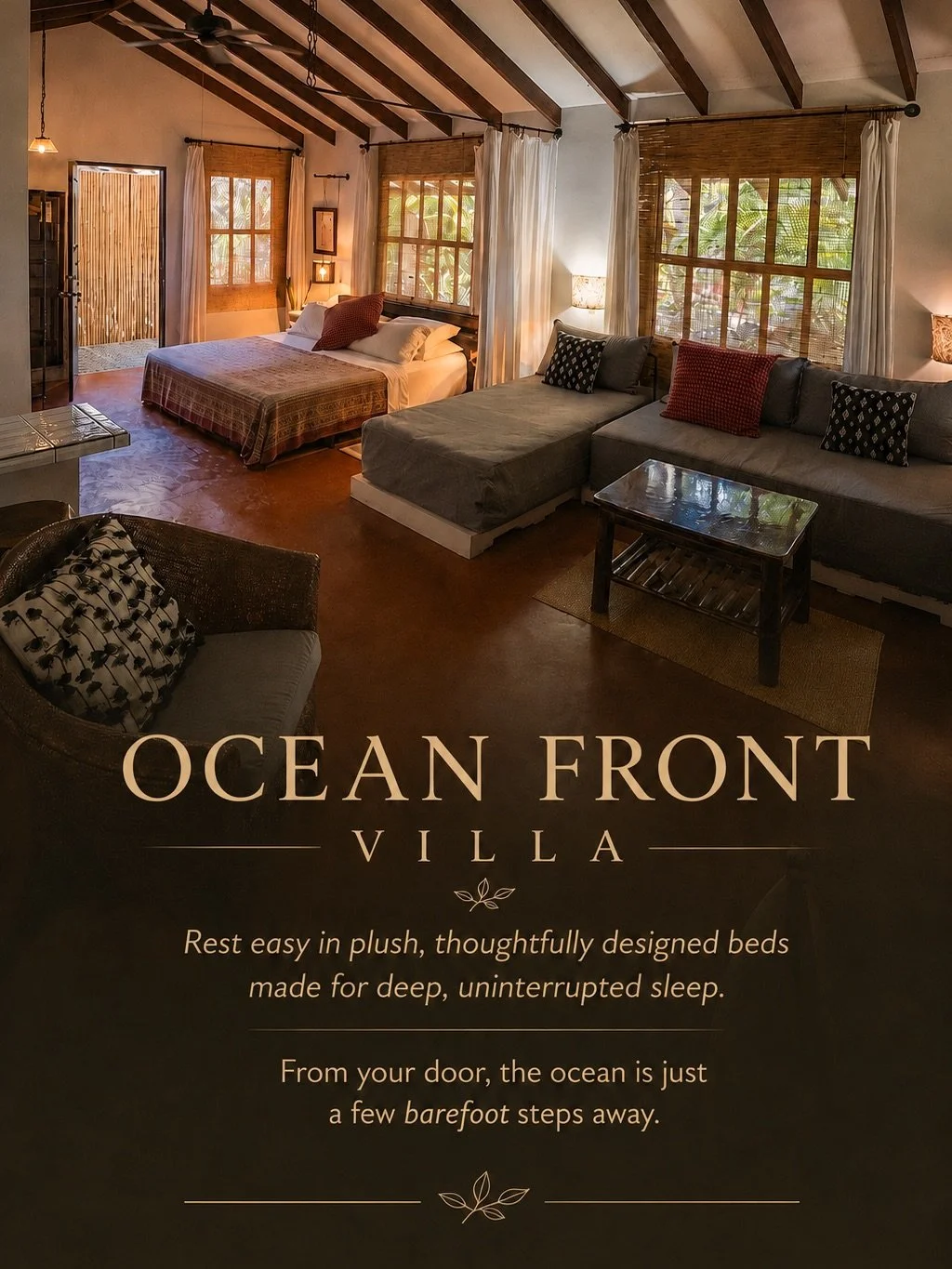 Wake up surrounded by nature, fall asleep to the sound of the ocean 🌴🌊 

Our Ocean Front Villa was designed for slow mornings, barefoot walks to the beach, and peaceful nights in the heart of paradise. Thoughtfully designed with comfort, privacy, a