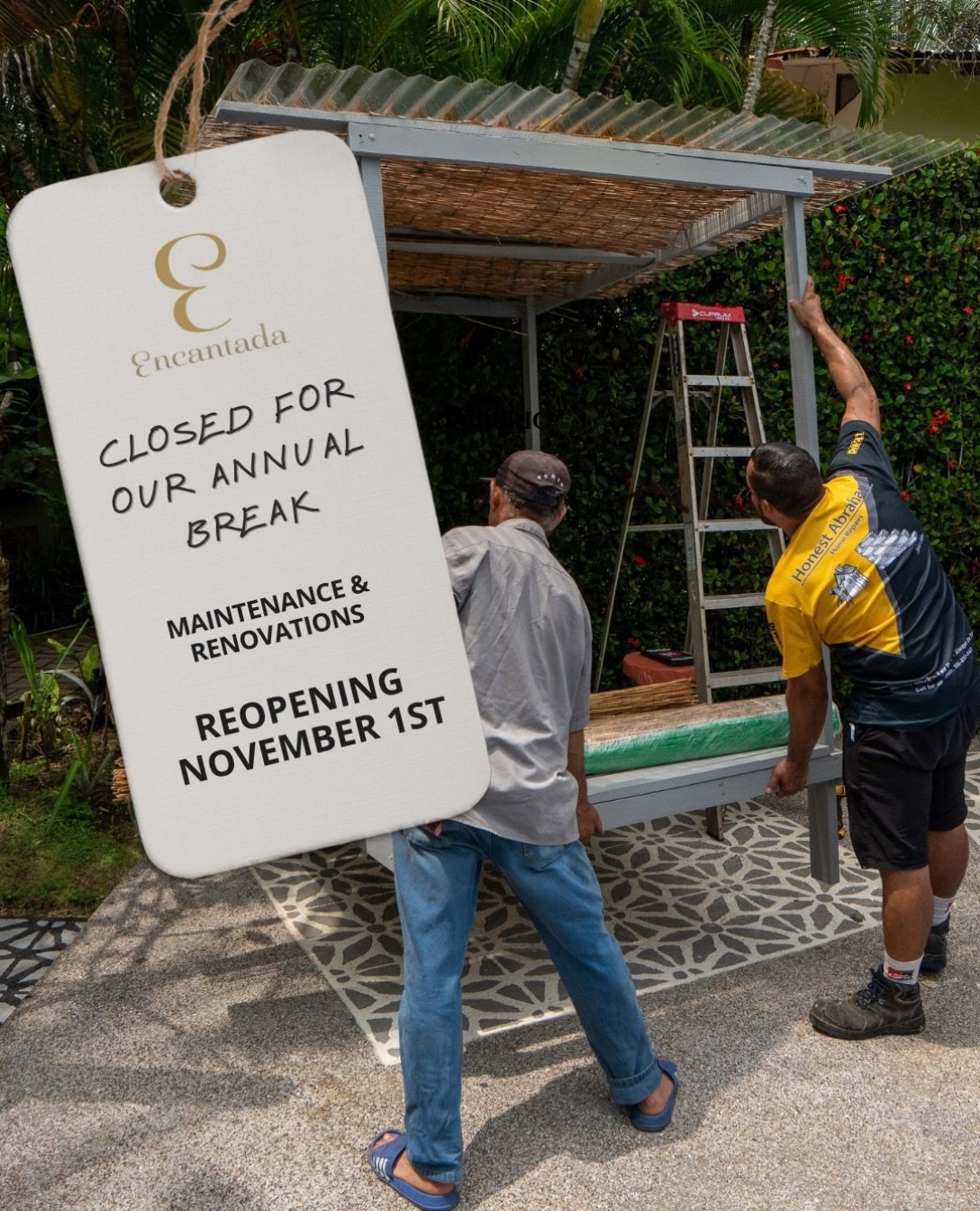 A little maintenance break at Encantada 🌿

Encantada is now closed for our annual maintenance and renovations throughout the month of October. We&rsquo;re taking this time to care for our spaces, make some improvements, and get everything ready to w
