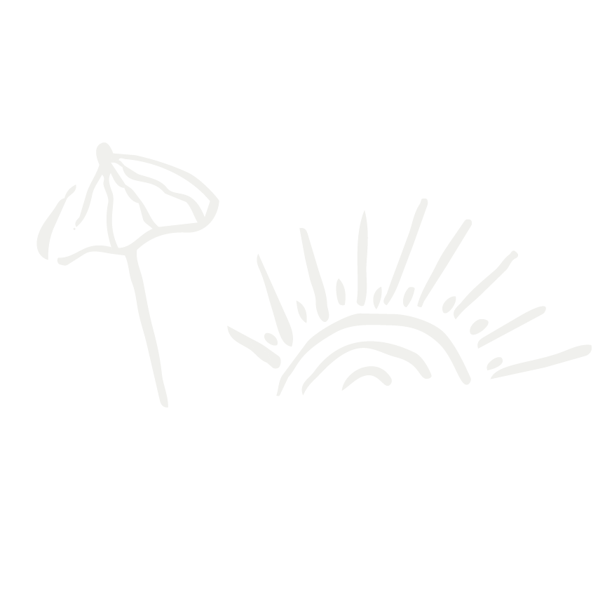 White line drawing of a beach umbrella and a sun with rays on a black background.