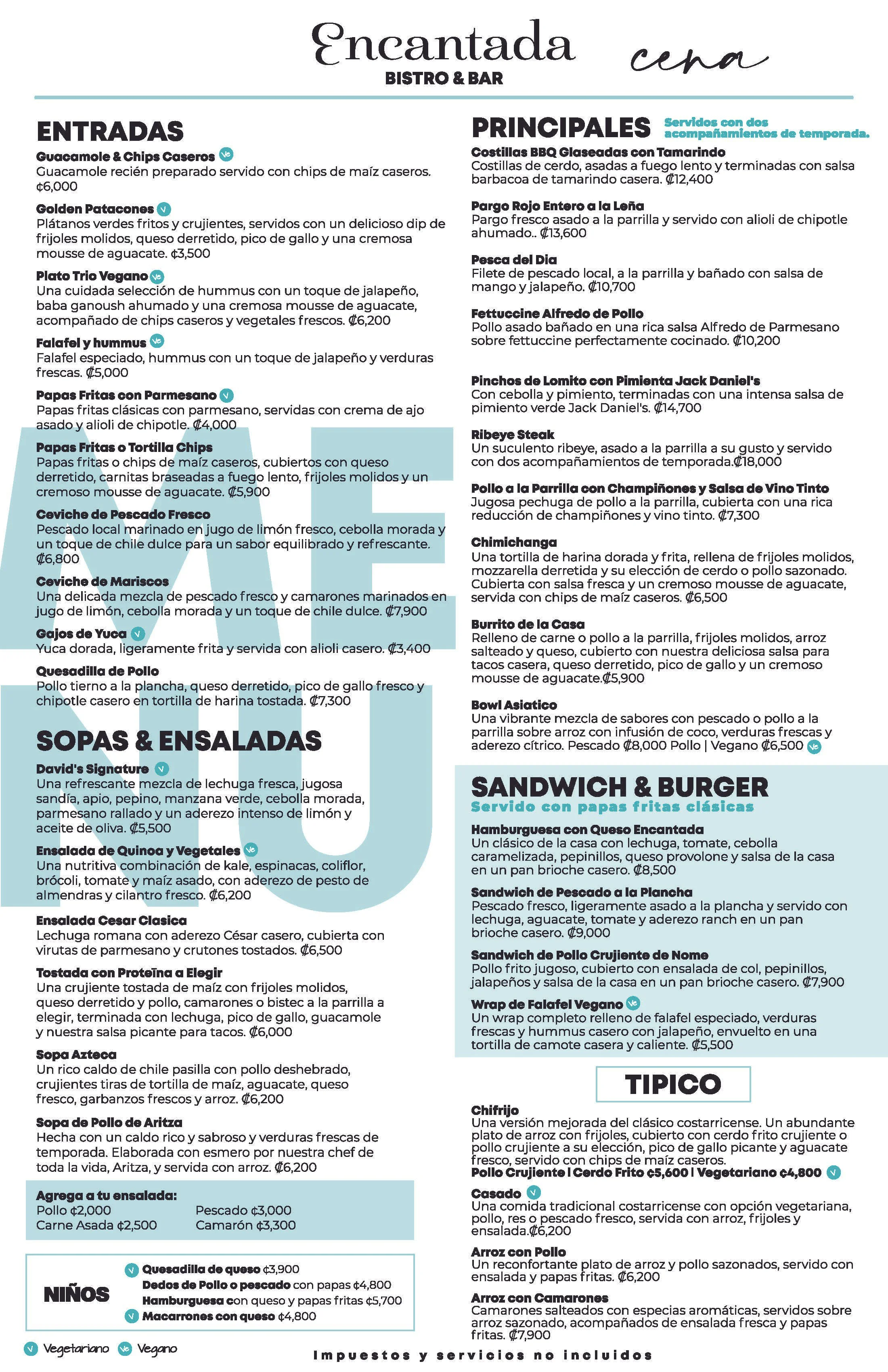 Menu from Encantada Bistro & Bar with sections for appetizers, main courses, soups, salads, kids' meals, and desserts, featuring dishes like guacamole, tacos, steaks, and salads in Spanish.