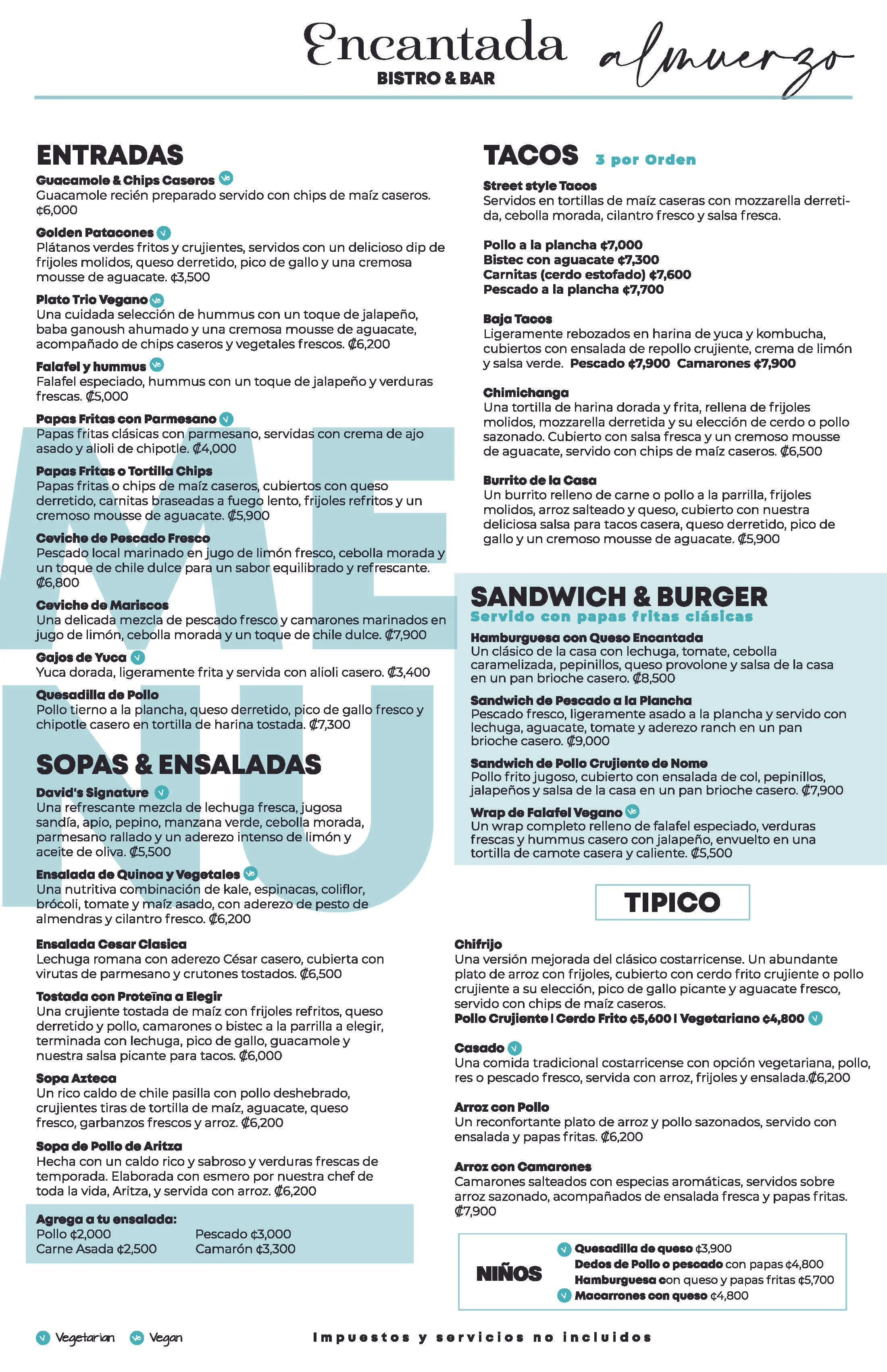 Menu from Encantada Bistro & Bar featuring sections on appetizers, tacos, soup and salads, sandwiches & burgers, and kids' meals. Vegetarian and vegan icons are present. The menu lists various dishes with descriptions and prices.