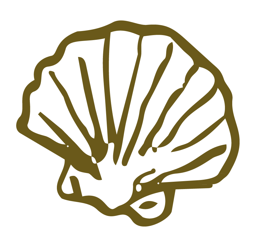 Outline of a ginkgo leaf in gold against a black background.