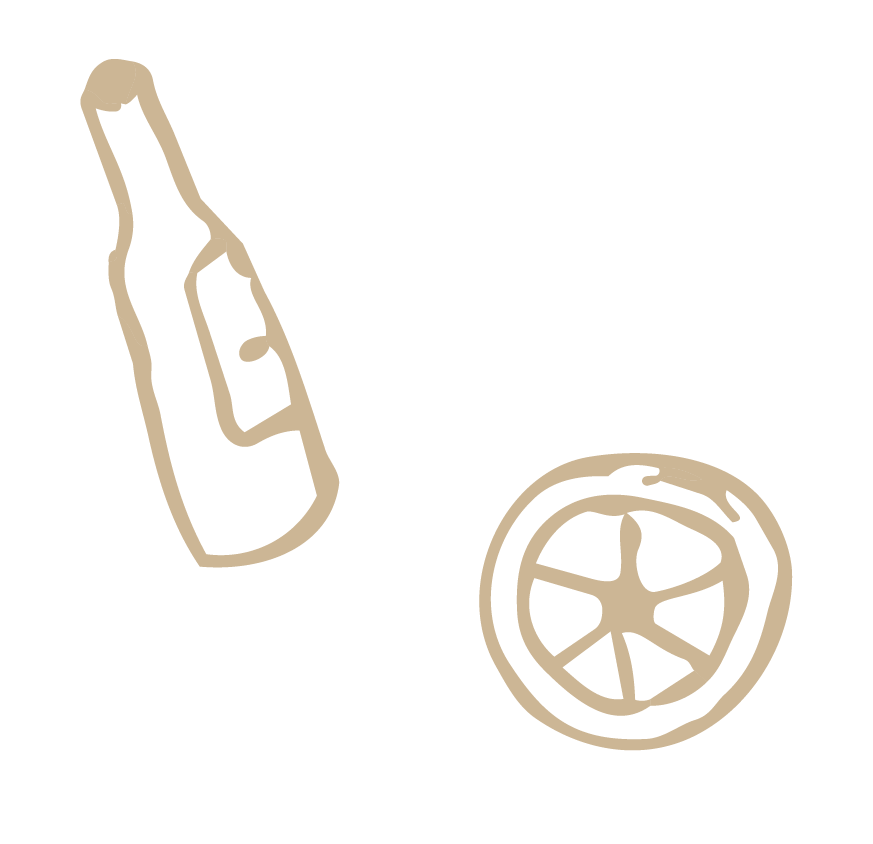 Outline drawing of a bottle and a lemon slice.