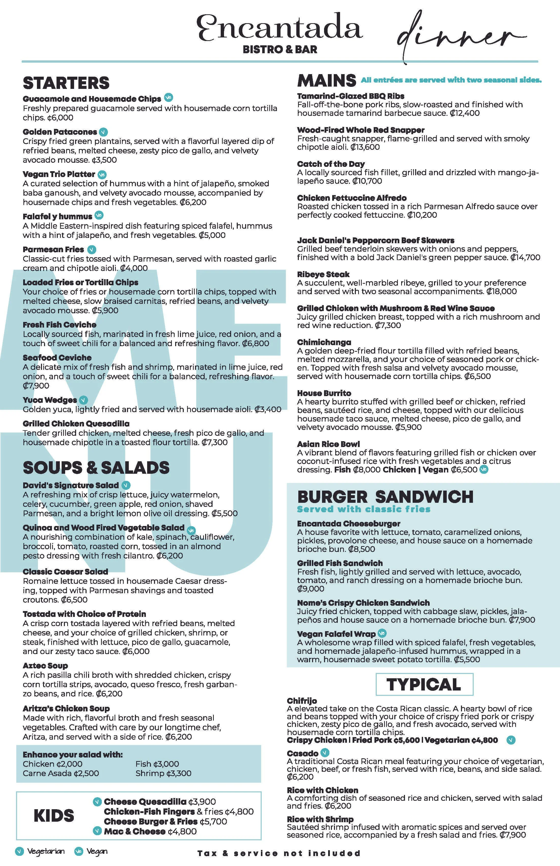 Restaurant menu titled 'Encantada Bistro & Bar Dinner' with sections for starters, mains, soups & salads, kids, and traditional dishes, listing various food options and prices.