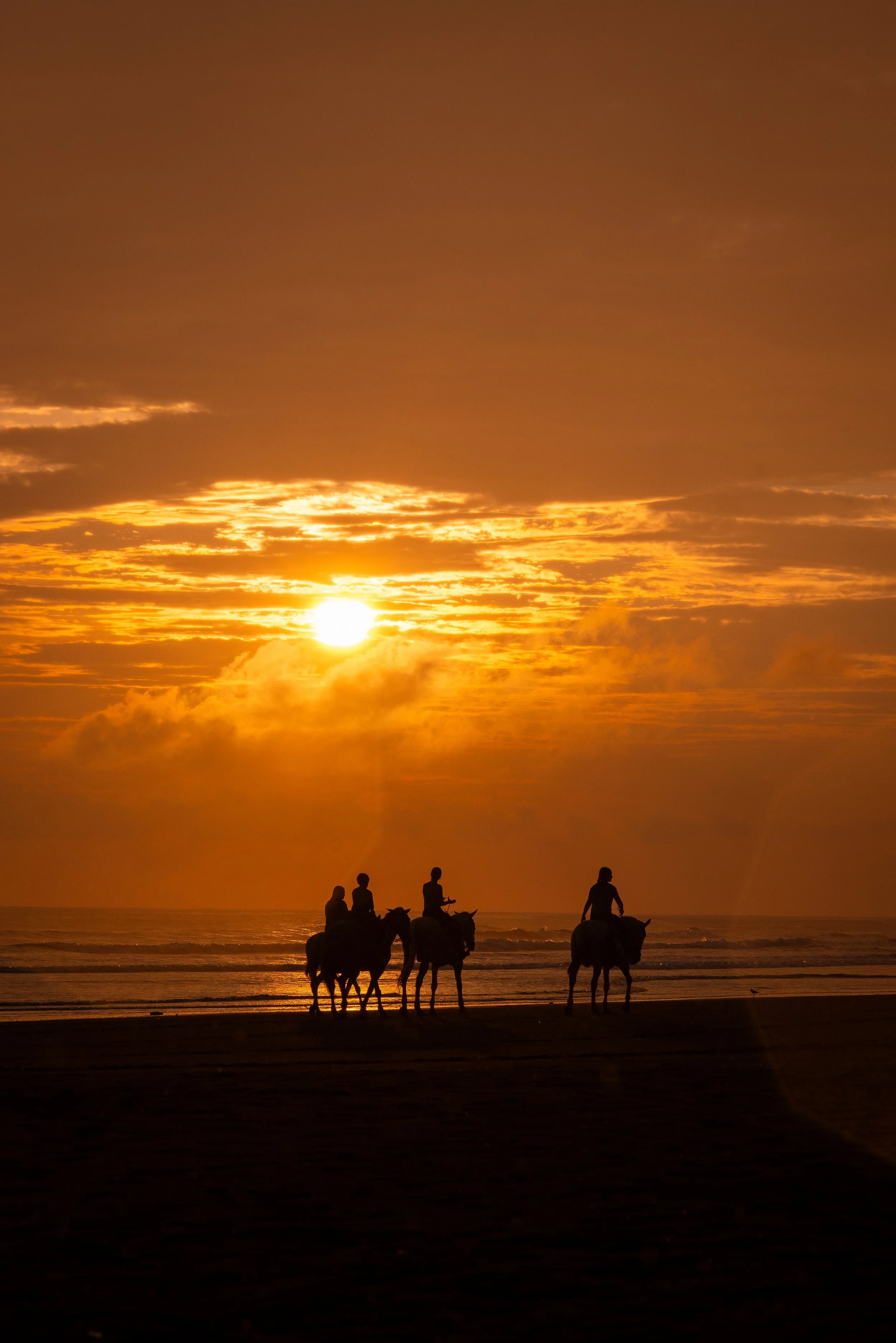 Silhouettes of four people riding horses along a beach at sunset, with a vibrant orange sky and clouds.