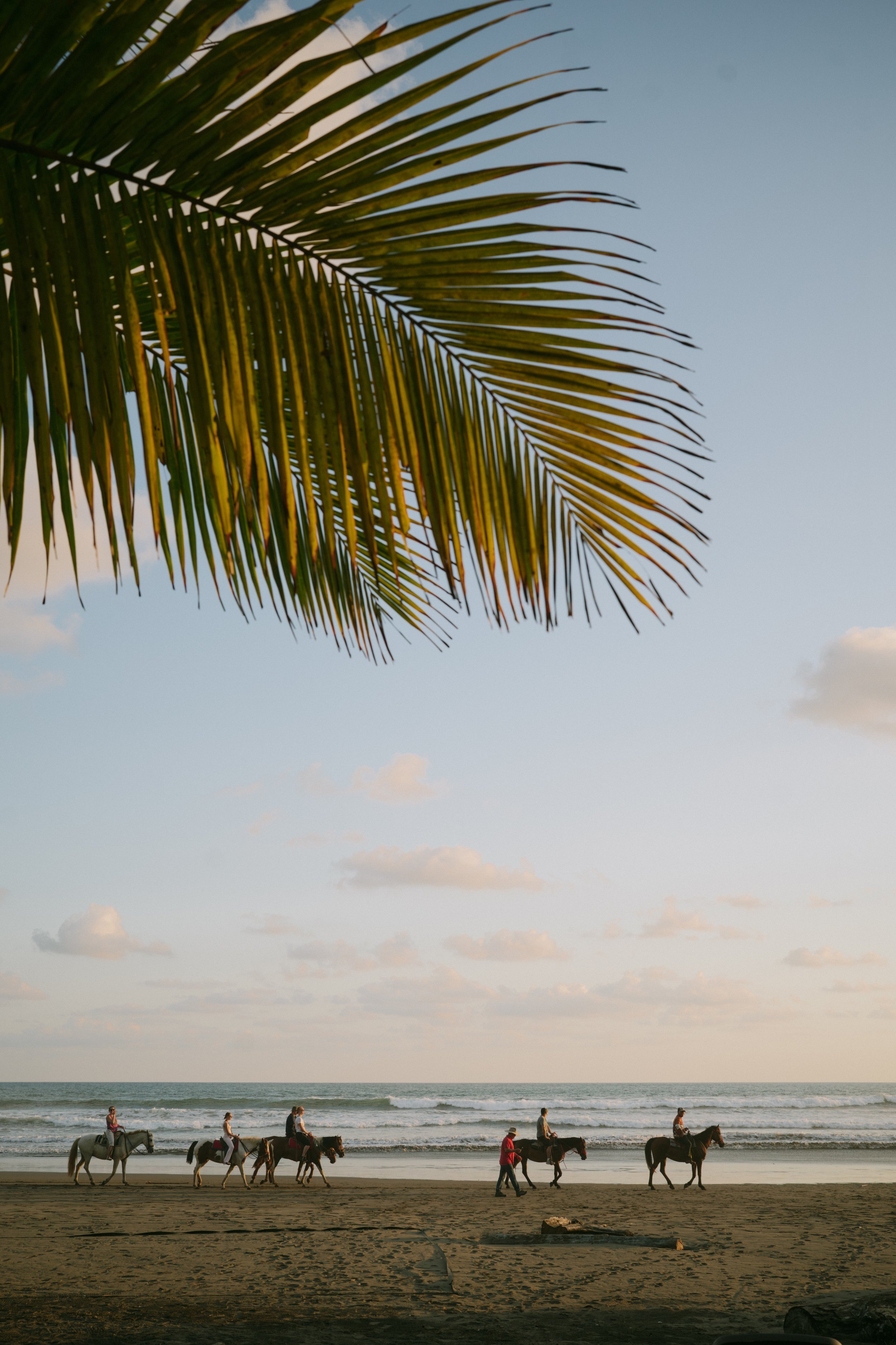 People riding horses along a beach at sunset, with ocean waves and a partly cloudy sky in the background.