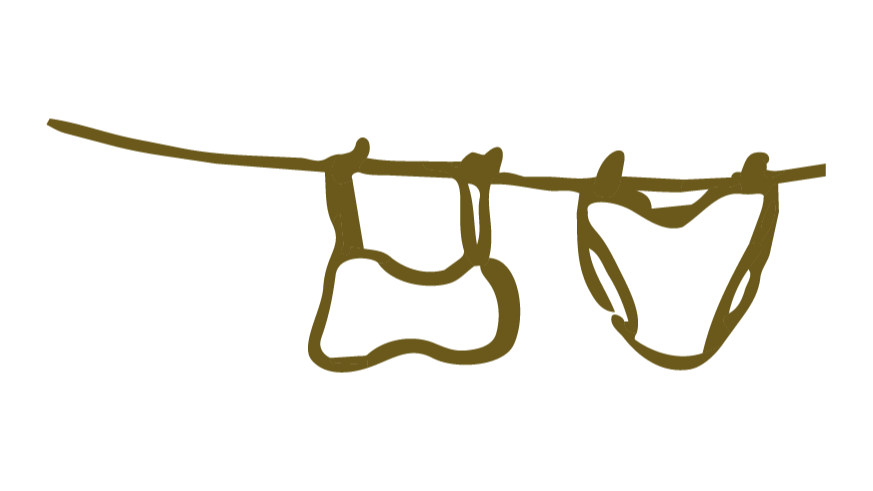 Outline of two underwear hanging on a clothesline against a black background.