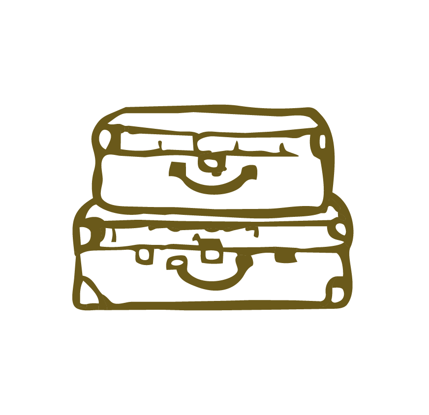 Outline drawing of two stacked suitcases in black and gold.