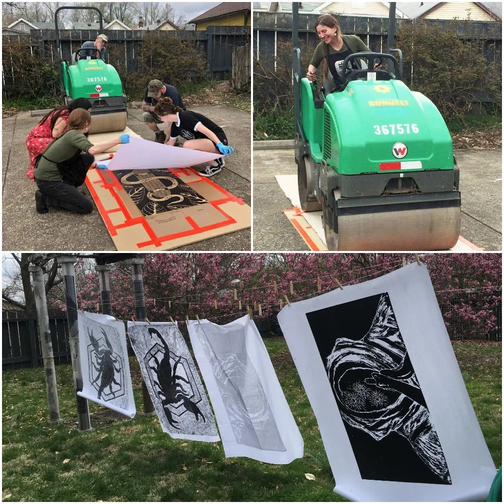 Thanks to the support of a Burning Man for a Global Arts Grant, I had the opportunity to organize a Steamroller Printing Event! It took place on Saturday, April 6th, 2019 at the Portland Art Museum. Giant relief prints were created as a way to bring artists, students, and the community together. 