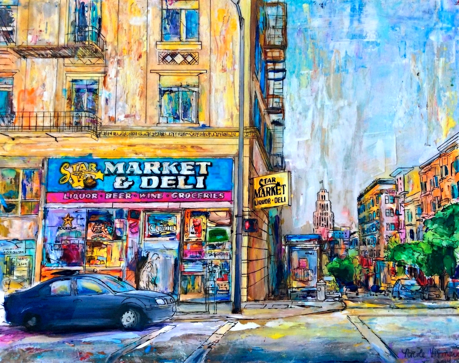 Geary and Leavenworth 14 x 11" Acrylic, ink, and oil pastel on acetate and paper 2014