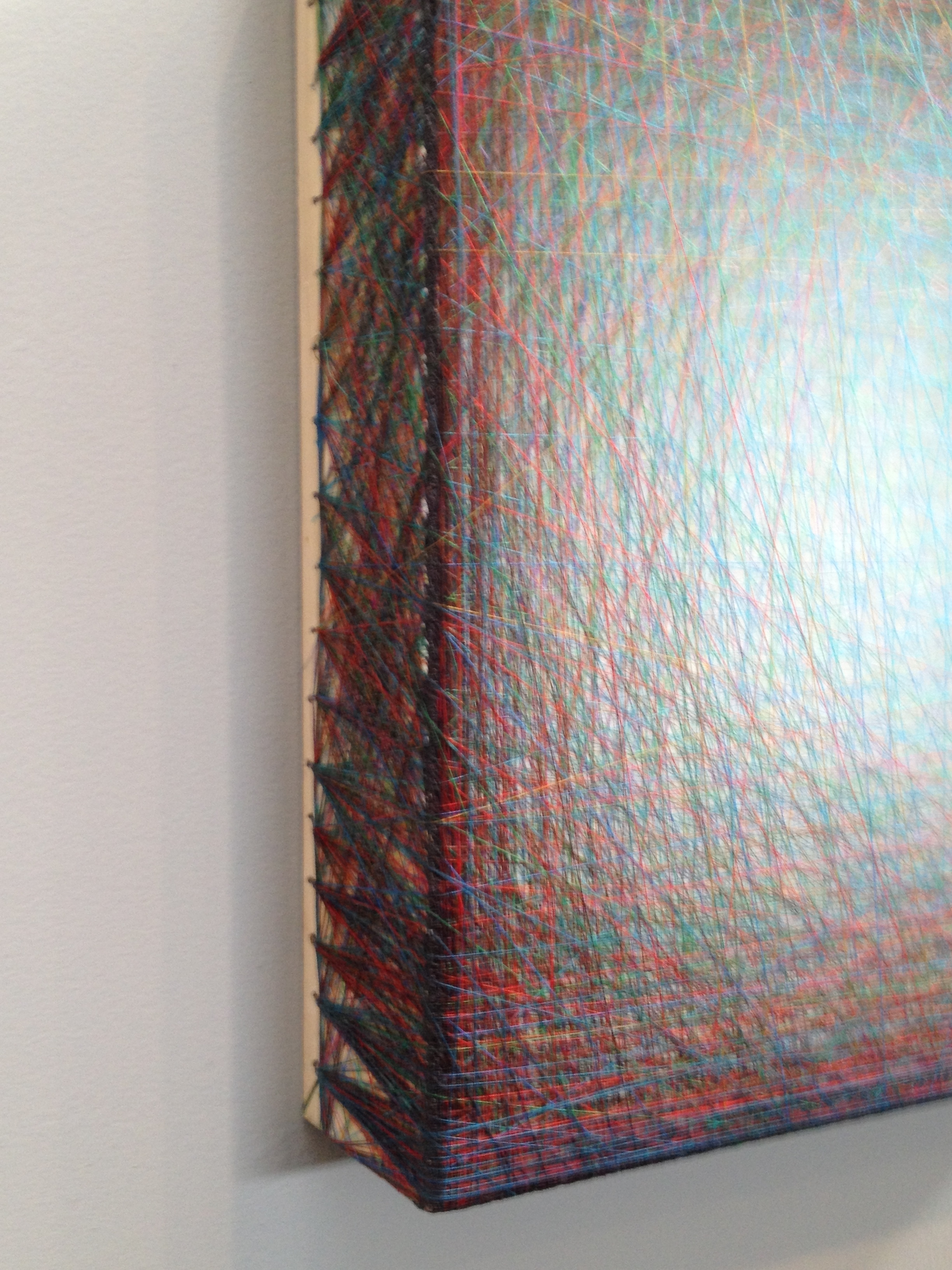 Emil Lukas' Small Hallucination #1362 at Hosfelt Gallery. Thread over painted wood frame with nail.